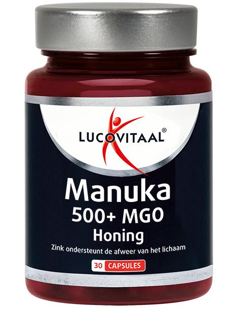 Flacon brun avec couvercle argenté. Inscription: Lucovitaal, Manuka 500+ MGO Honing. Contient 30 gélules. Zinc pour le système immunitaire.