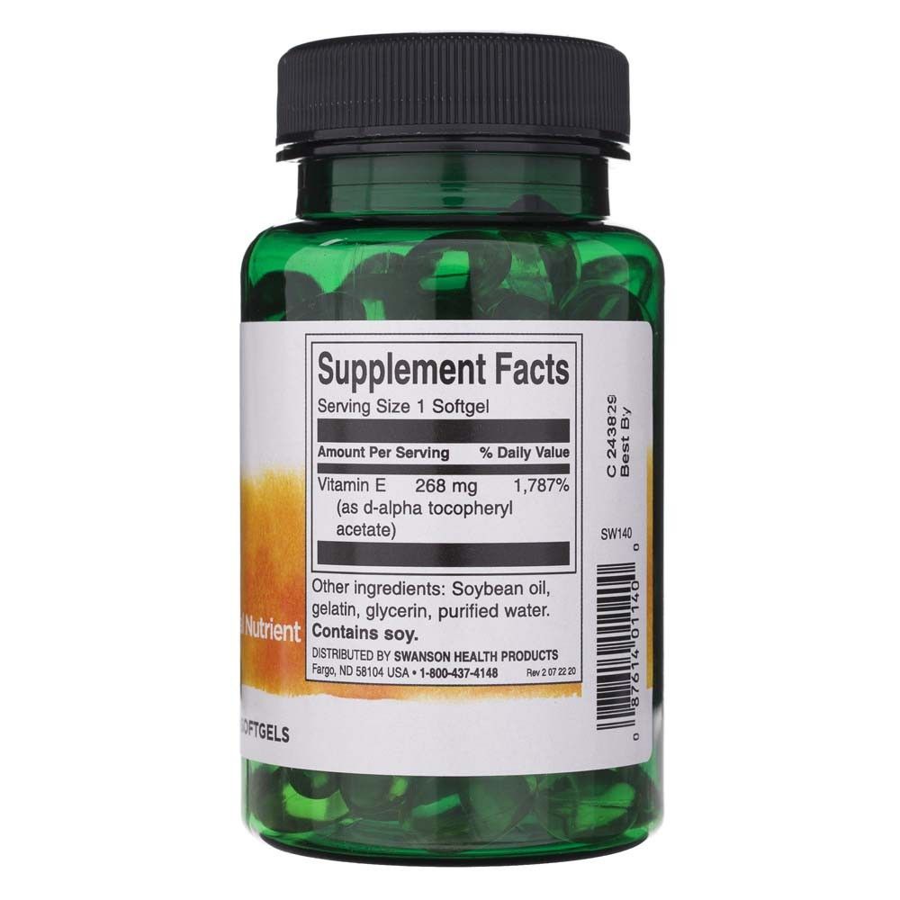 Achterkant van de fles met voedingsfeiten voor Swanson Natuurlijke Vitamine E, 100 softgels.
