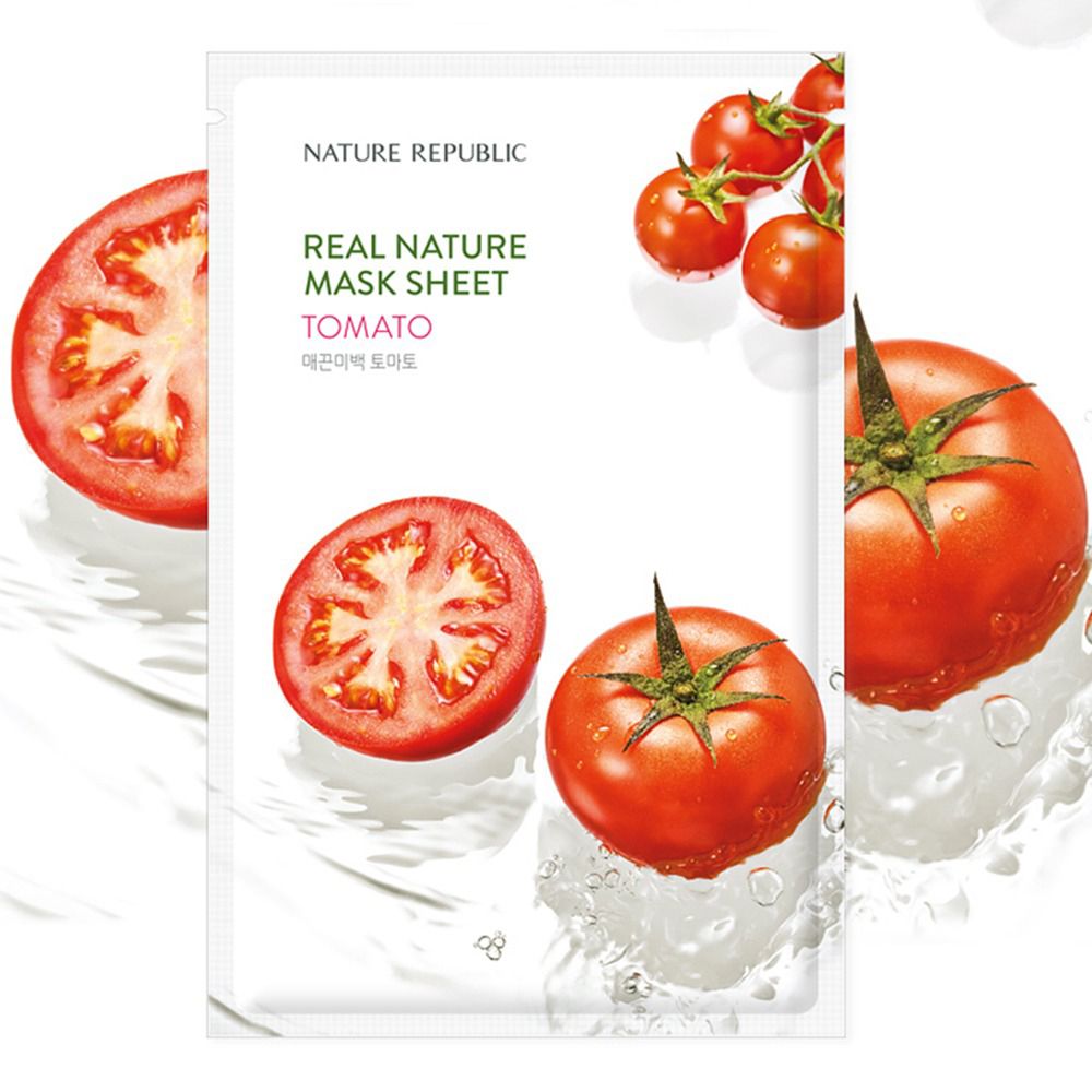 Emballage avec illustrations de tomates. Texte: NATURE REPUBLIC, REAL NATURE MASK SHEET, TOMATO. Tranche et tomate entière.