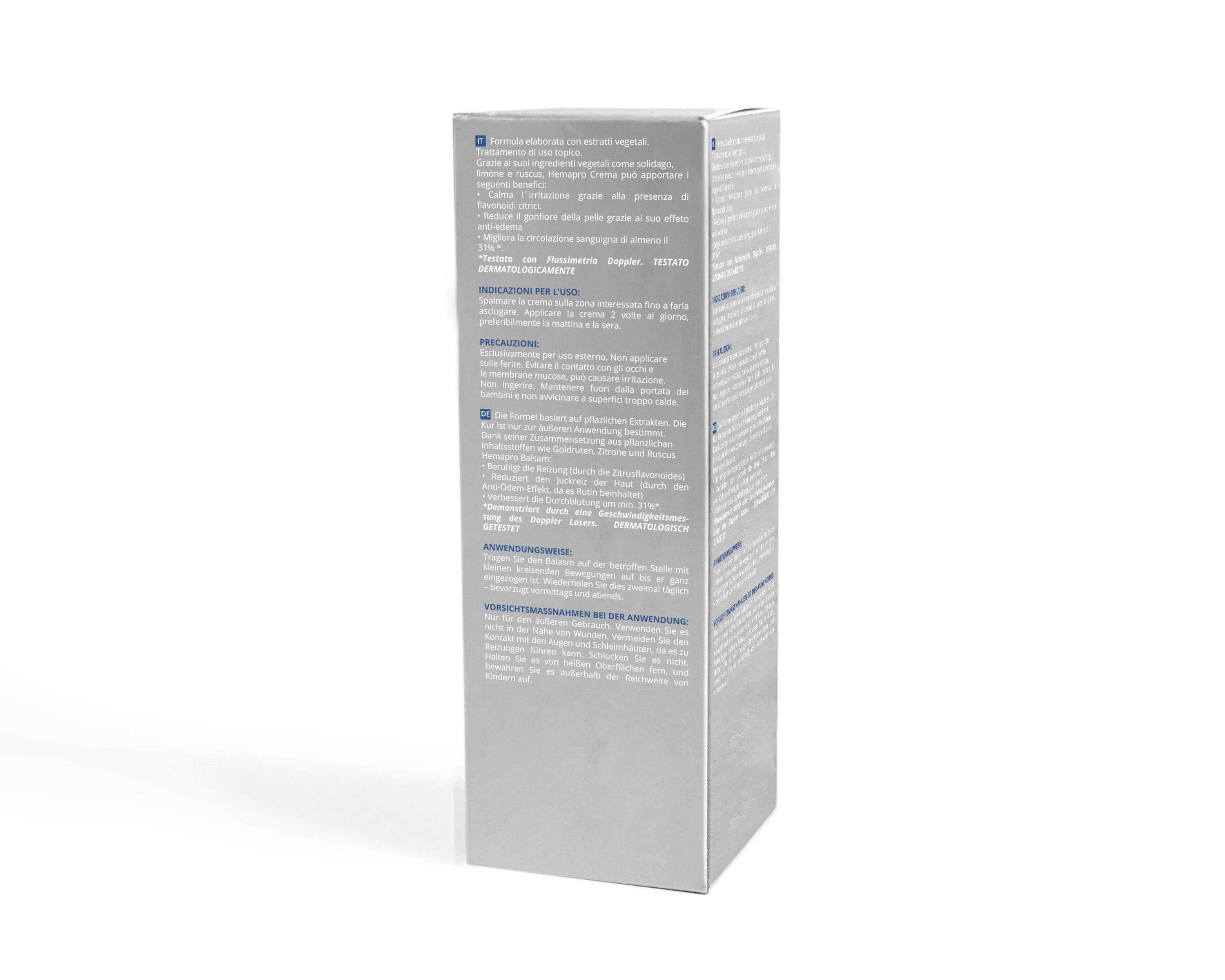 Dos de l'emballage du produit. Fond gris avec texte. Informations et précautions multilingues.