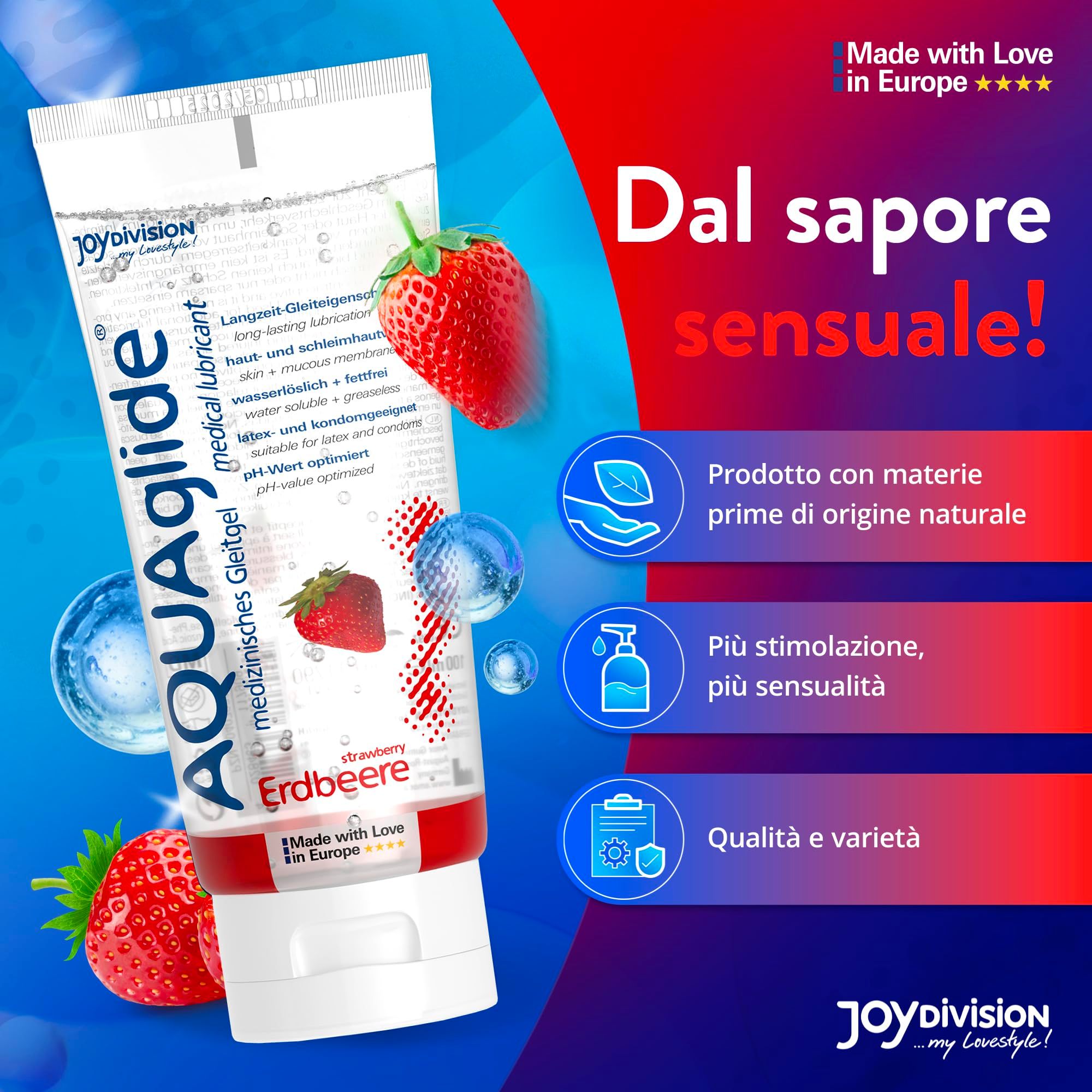 Tube de gel lubrifiant AquaGlade Fraise, avec fraises et bulles d'eau.