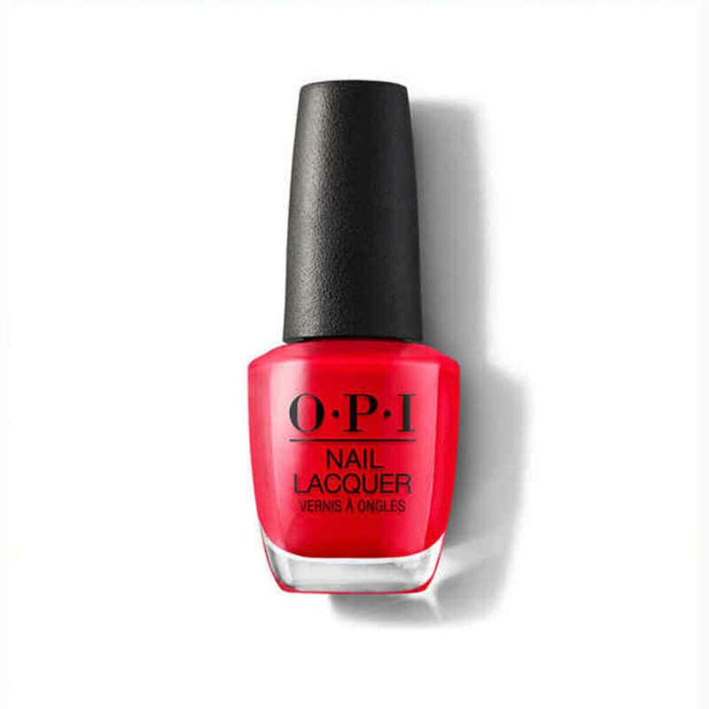 Flacon de vernis à ongles OPI rouge, avec bouchon noir. Nom du produit et texte sur le flacon.