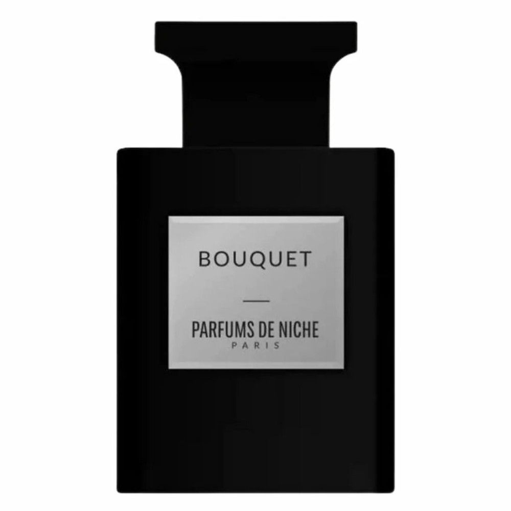 Flacon de parfum noir avec étiquette argentée indiquant "BOUQUET" et "PARFUMS DE NICHE PARIS".