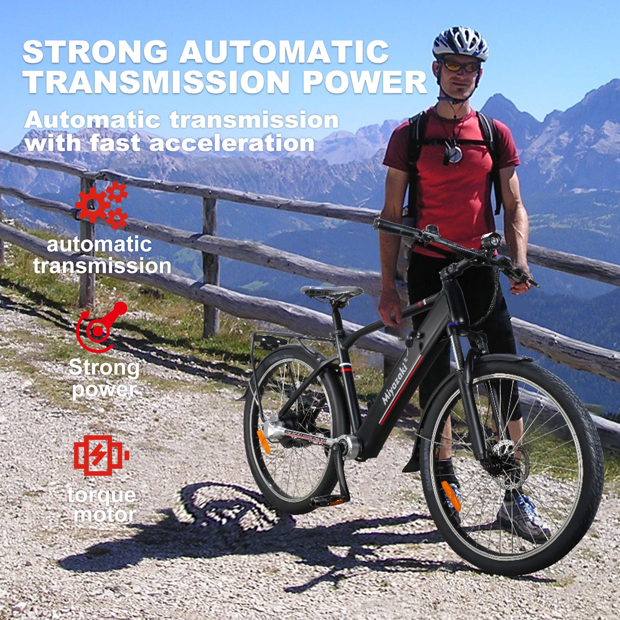 Homme avec un vélo électrique Miyazaki noir. Texte : forte transmission automatique, moteur couple, transmission automatique.