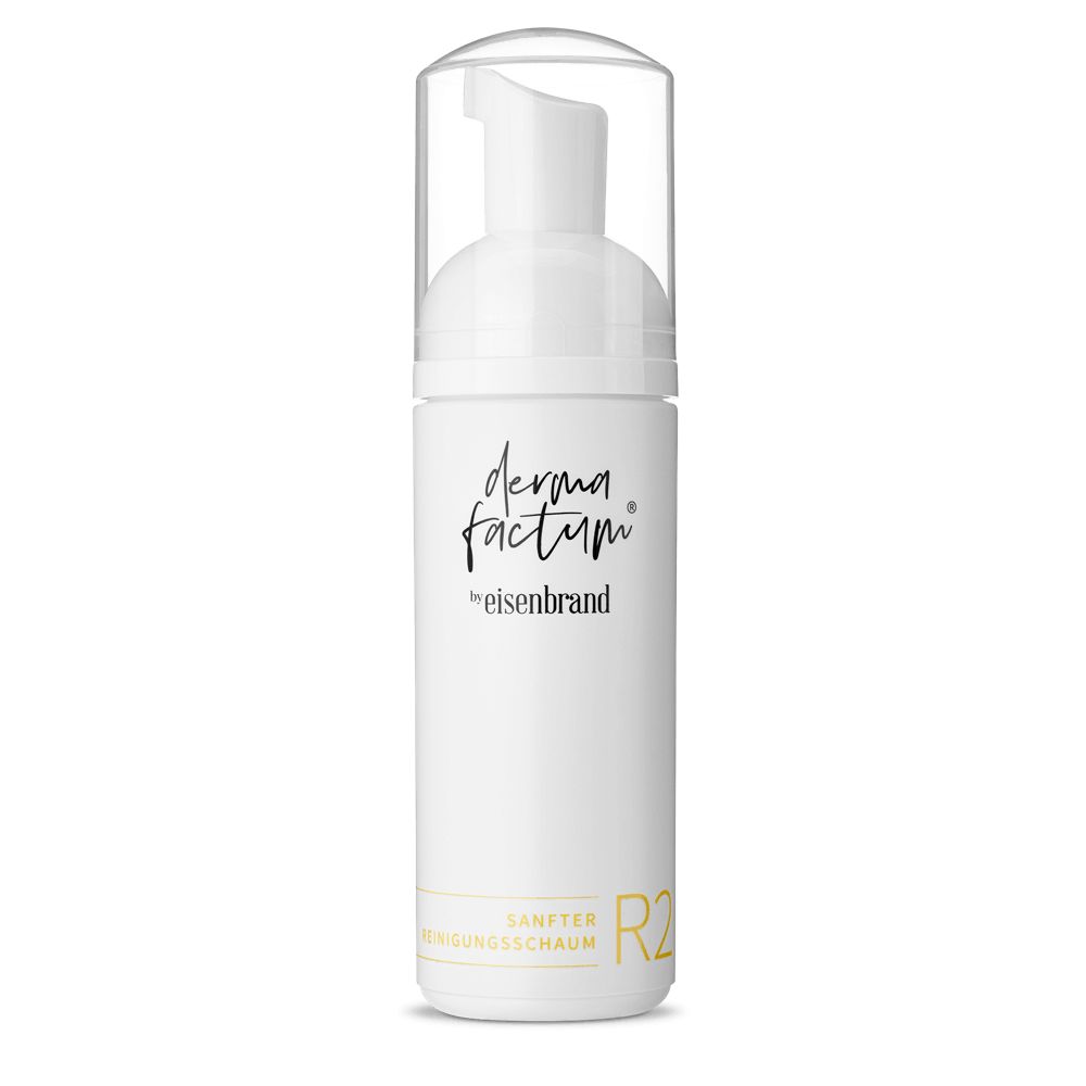 Flacon blanc avec pompe. Inscription : dermafactum by eisenbrand, Sanfter Reinigungsschaum, R2.