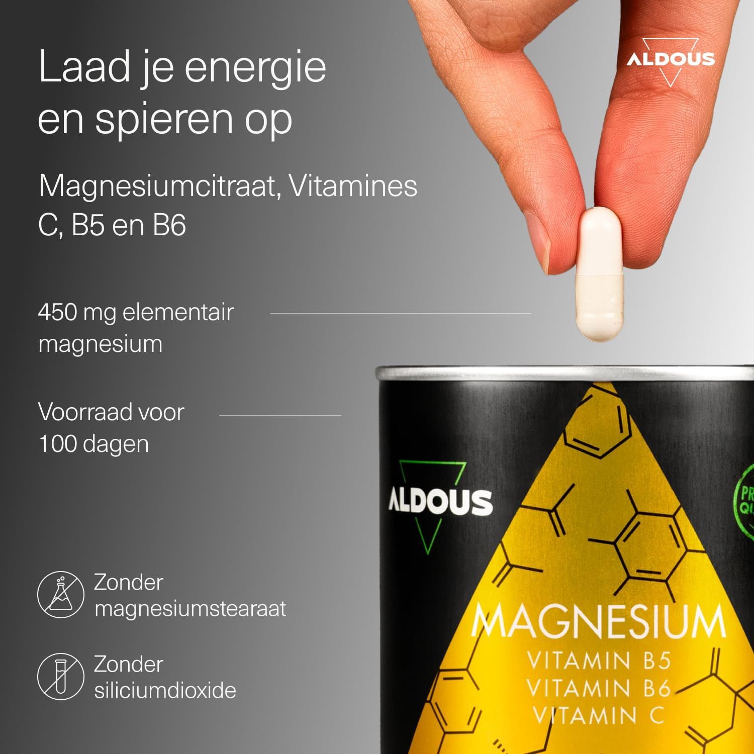 Pot magnesium met capsule. Bevat magnesiumcitraat, vitamines C, B5, B6. 450 mg elementair magnesium per capsule.
