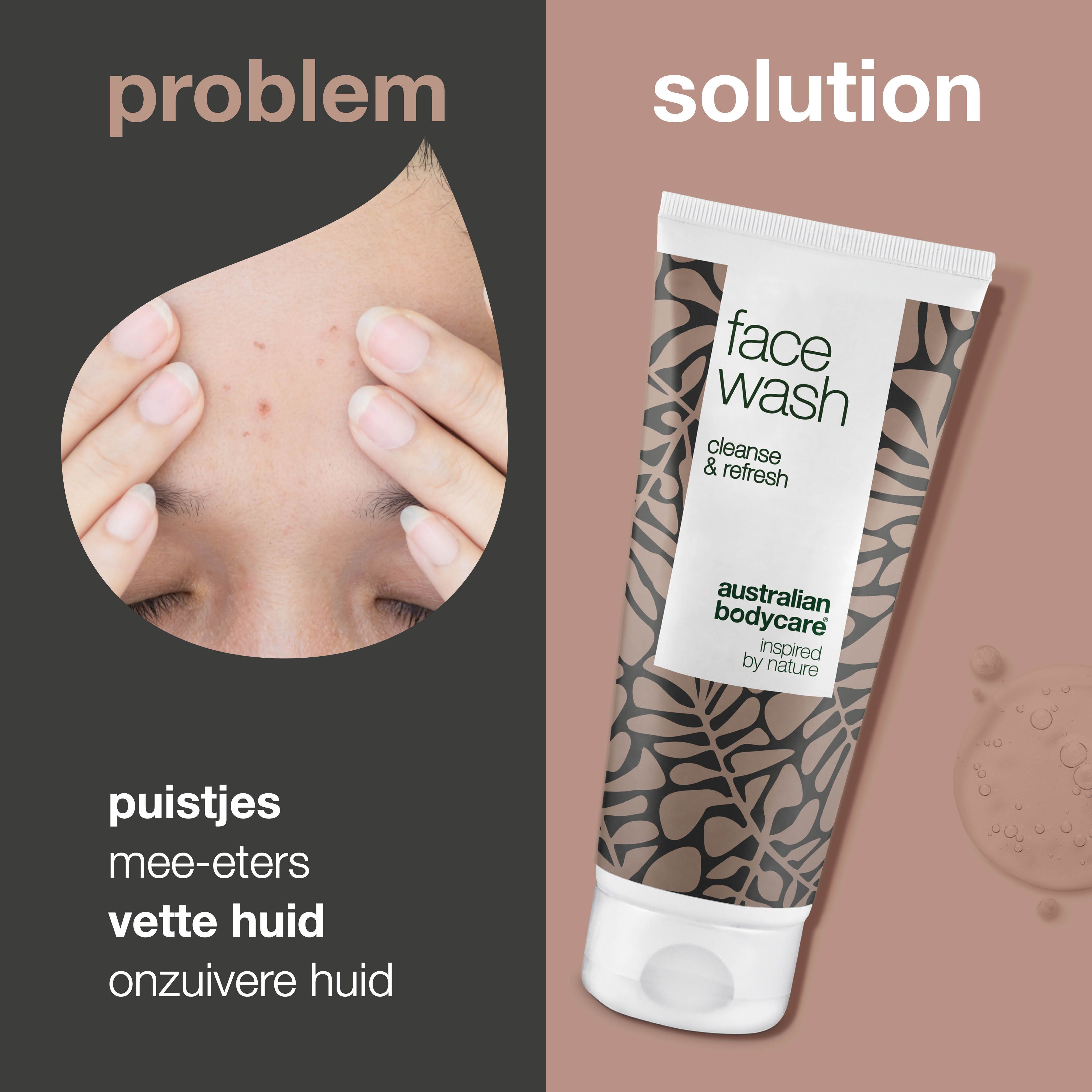 Gezichtswasgel. Opschrift: face wash, cleanse & refresh. Merk: Australian Bodycare.