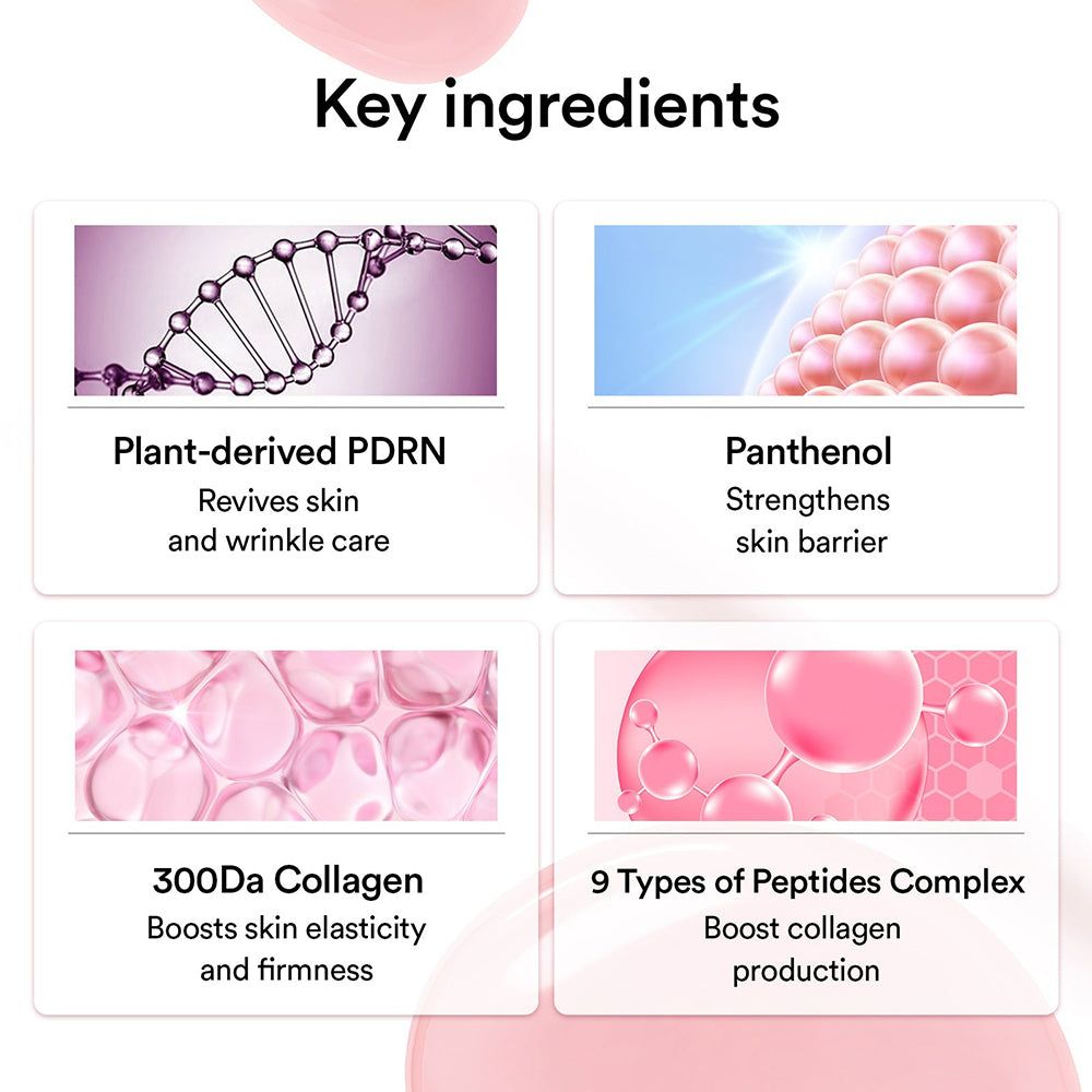 Infographie avec ingrédients : Plant-derived PDRN, Panthenol, 300Da Collagen, 9 Types of Peptides Complex.