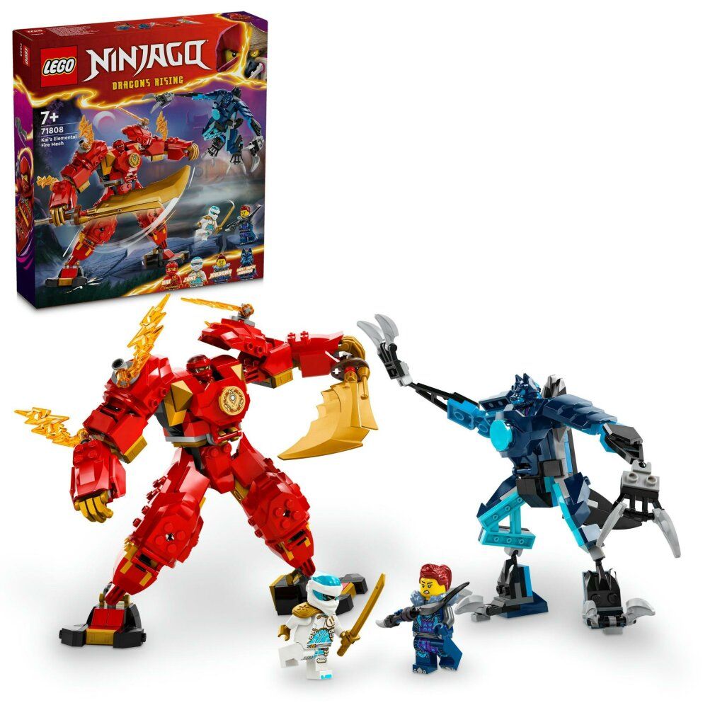 Robot rouge avec arme dorée, robot bleu, 2 figurines et emballage avec logo LEGO et nom du produit.