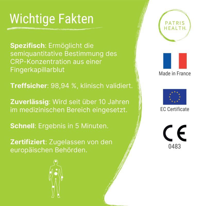 Belangrijke feiten over de Patris Health® CRP zelftest. Gecertificeerd, Made in France. CE-markering. EC-certificaat.
