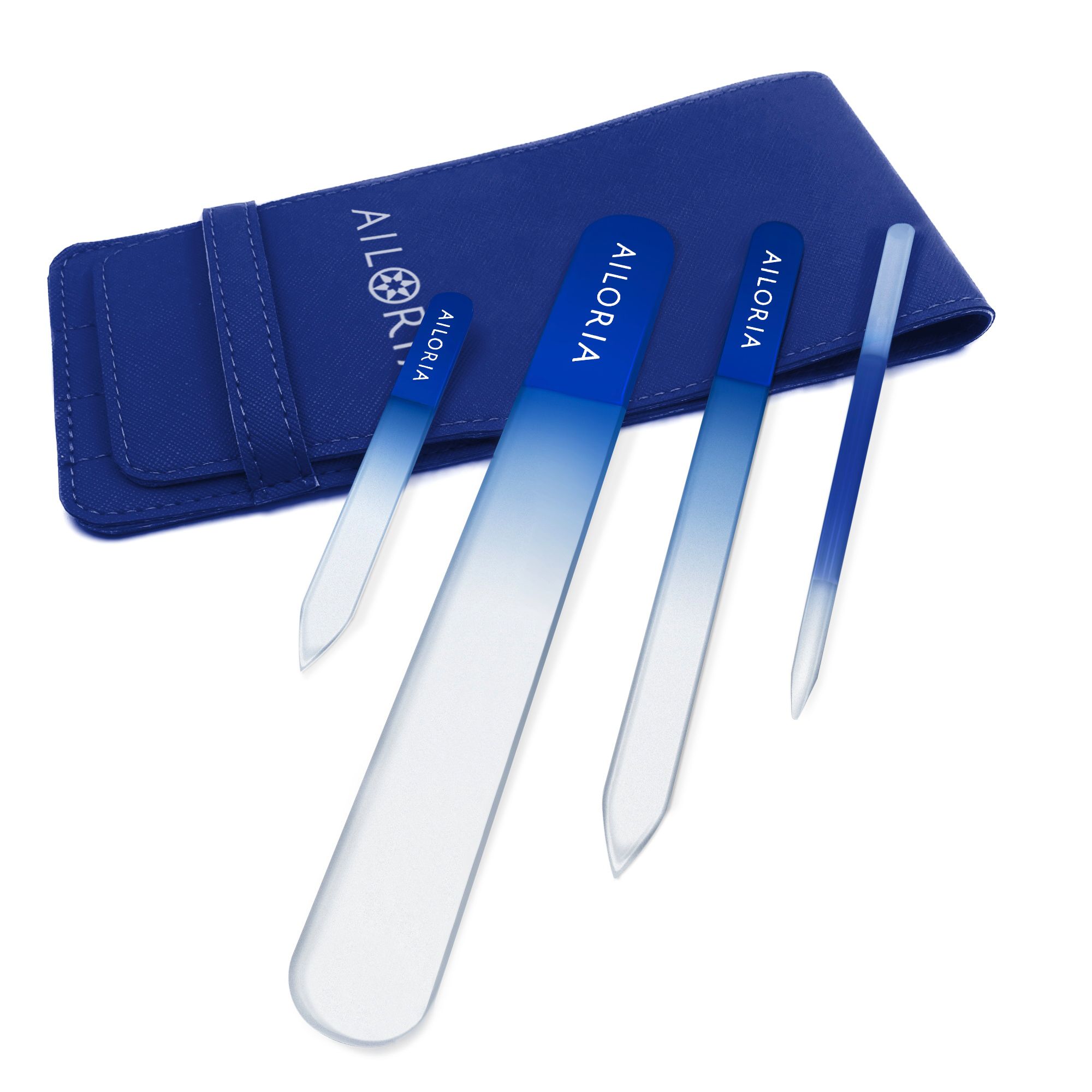 Blauwe etui met AILORIA-logo en vier glazen nagelvijlen. Vijlen in verschillende vormen en maten, blauw-witte kleurovergang.