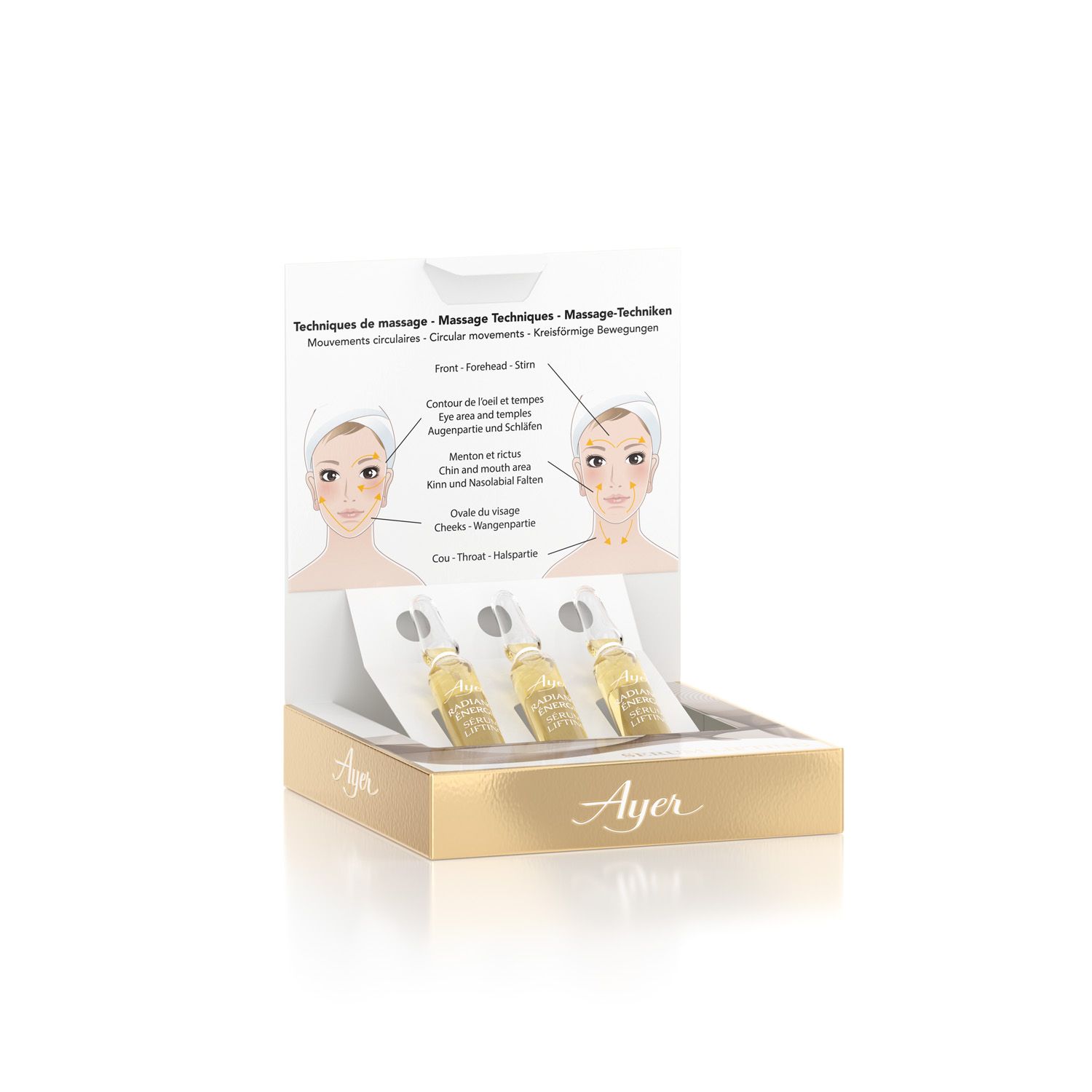 Boîte avec trois ampoules Ayer Radiance Energy Lifting Serum. Emballage doré avec schéma de massage facial.