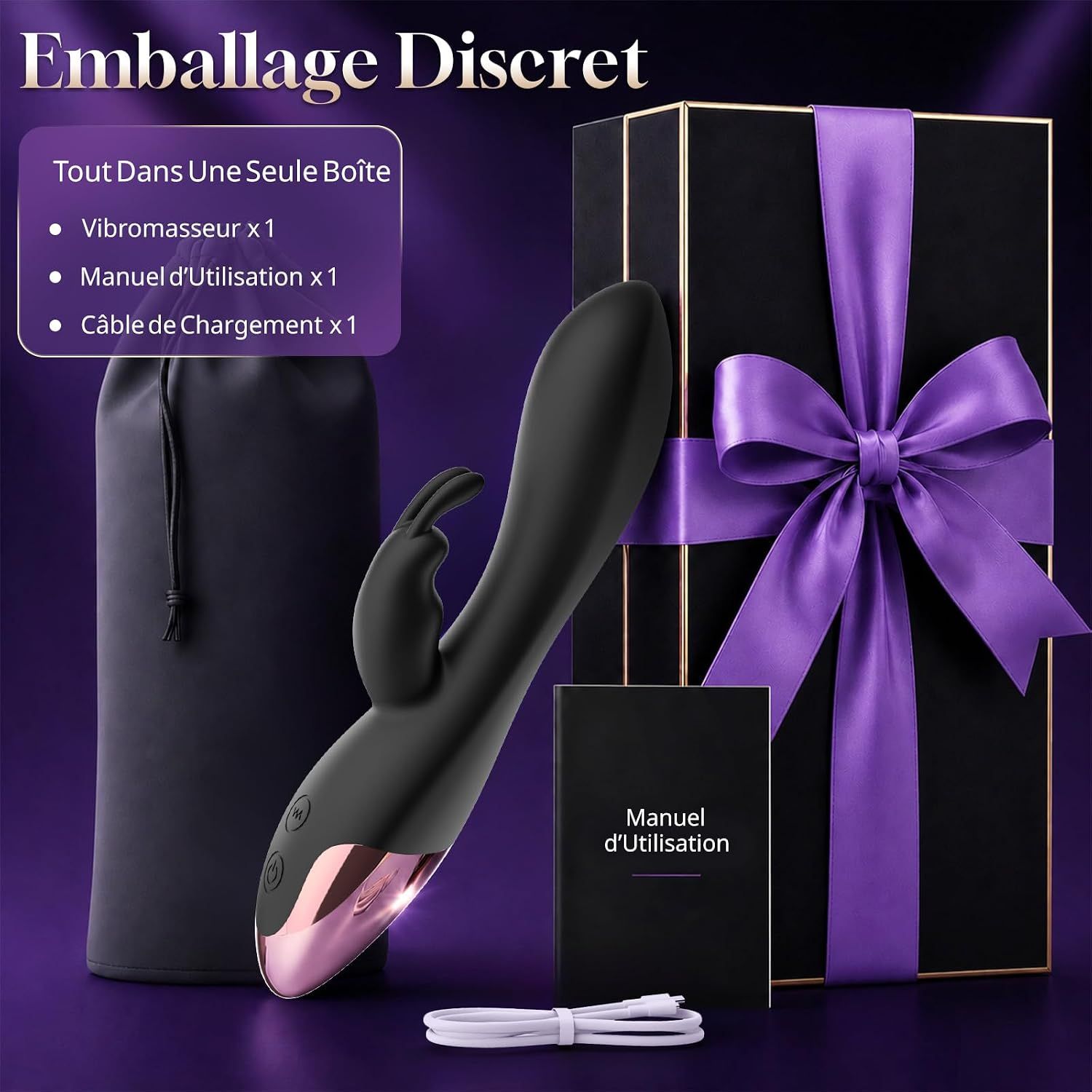 Vibrateur noir avec accents roses, câble de chargement, pochette de rangement et manuel d'utilisation à côté d'une boîte cadeau.