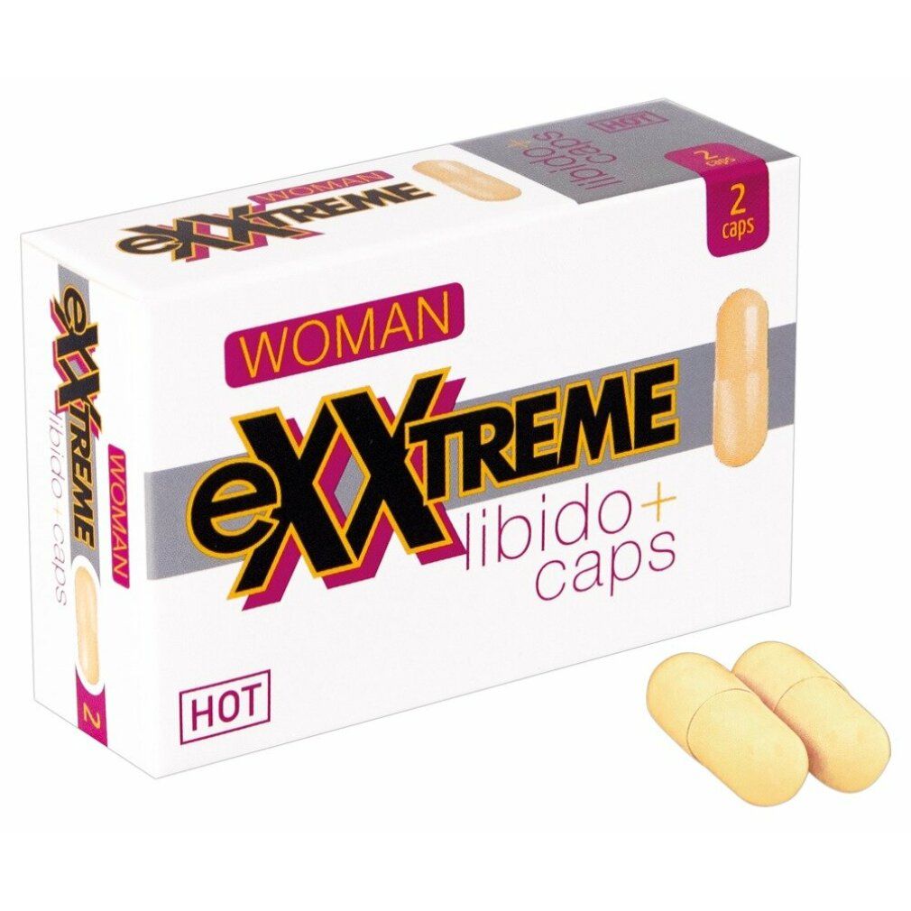 Capsules in een doos. Opschrift: eXXtreme Libido+ caps, HOT, WOMAN. Twee capsules ernaast.