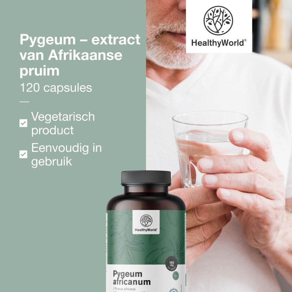 Gedetailleerde productinformatie. Tekst: Pygeum – extract van Afrikaanse pruim, 120 capsules. Merk: HealthyWorld.