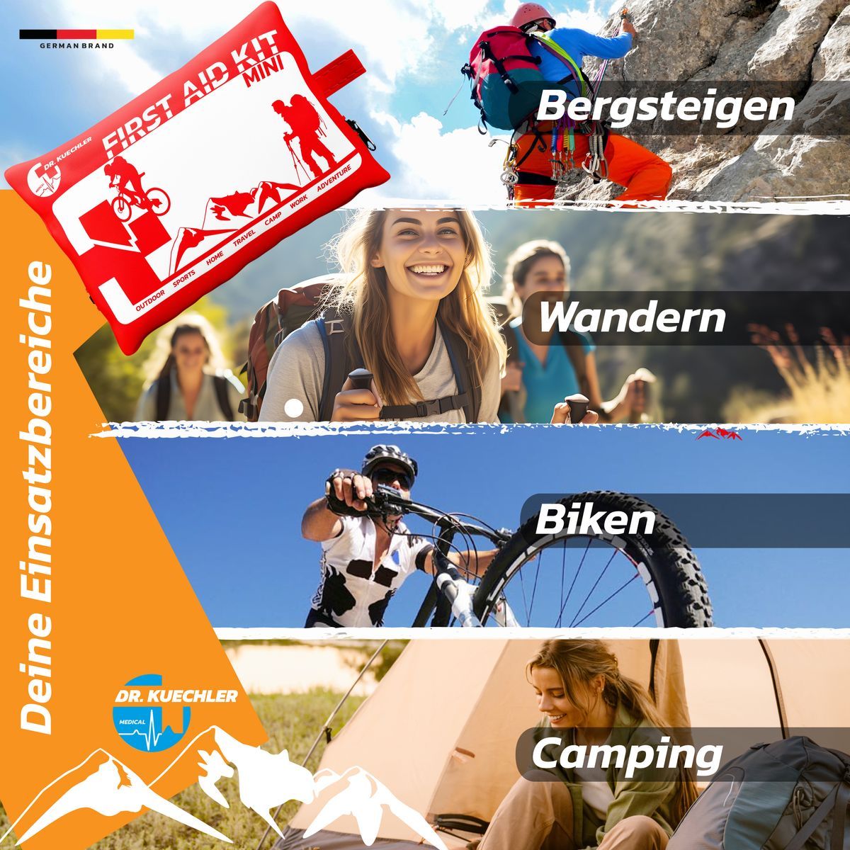 Collage avec la trousse de premiers secours dans différentes scènes de plein air. Texte : "Vos zones d'intervention". Scènes : alpinisme, randonnée, vélo, camping.