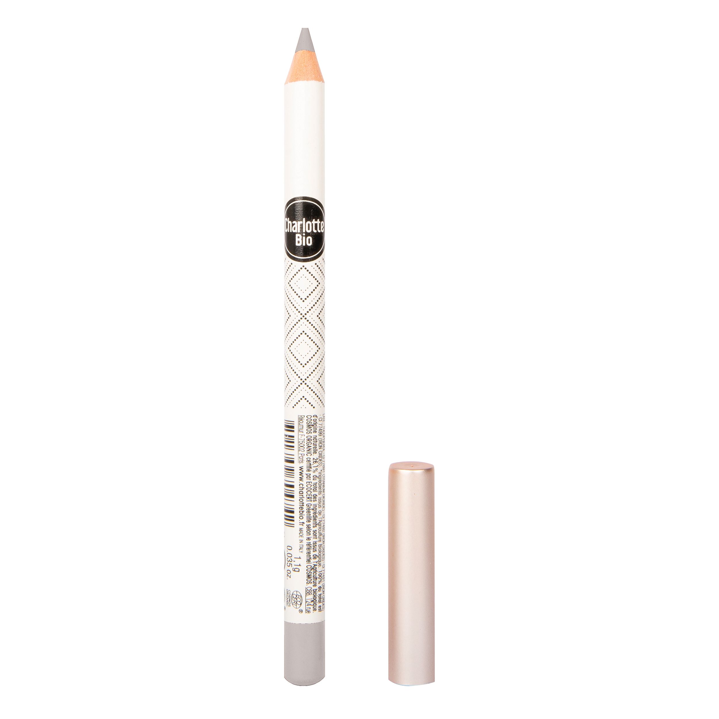 Crayon pour les yeux gris argenté avec capuchon rose. Marque: Charlotte Bio.