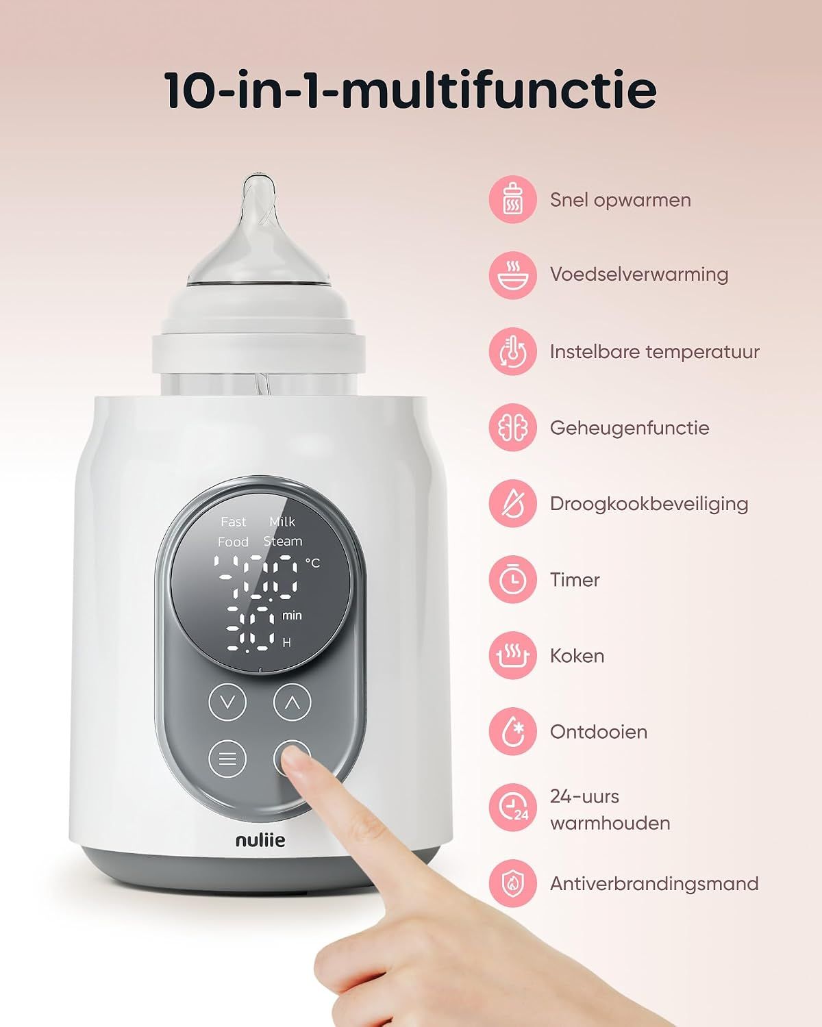 Een witte en grijze flessenwarmer met digitaal display en bedieningselementen. Een babyfles staat erop.