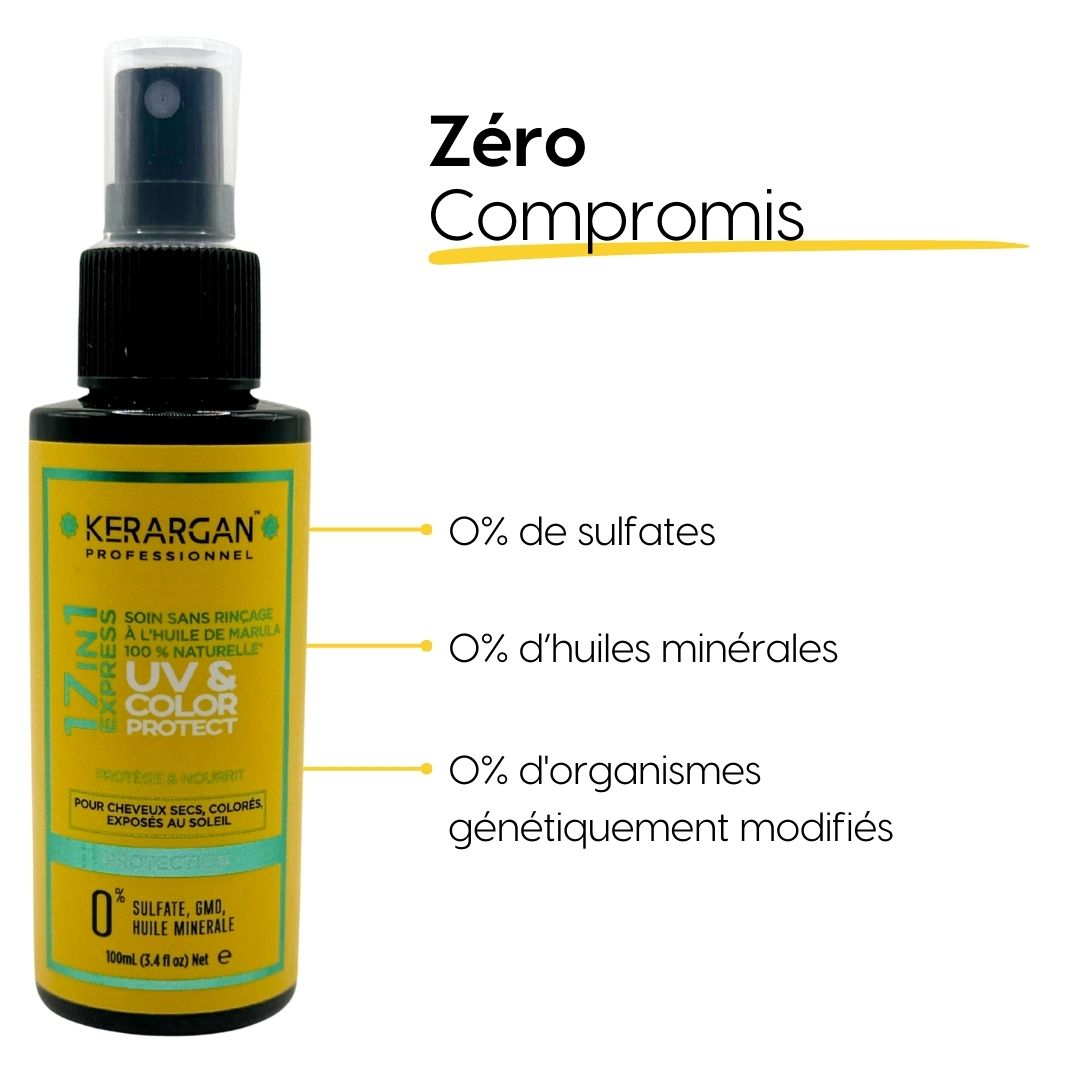Kerargan UV & Color Protect. Flacon avec vaporisateur. Texte : 0% sulfates, huiles minérales, OGM. Étiquette jaune.