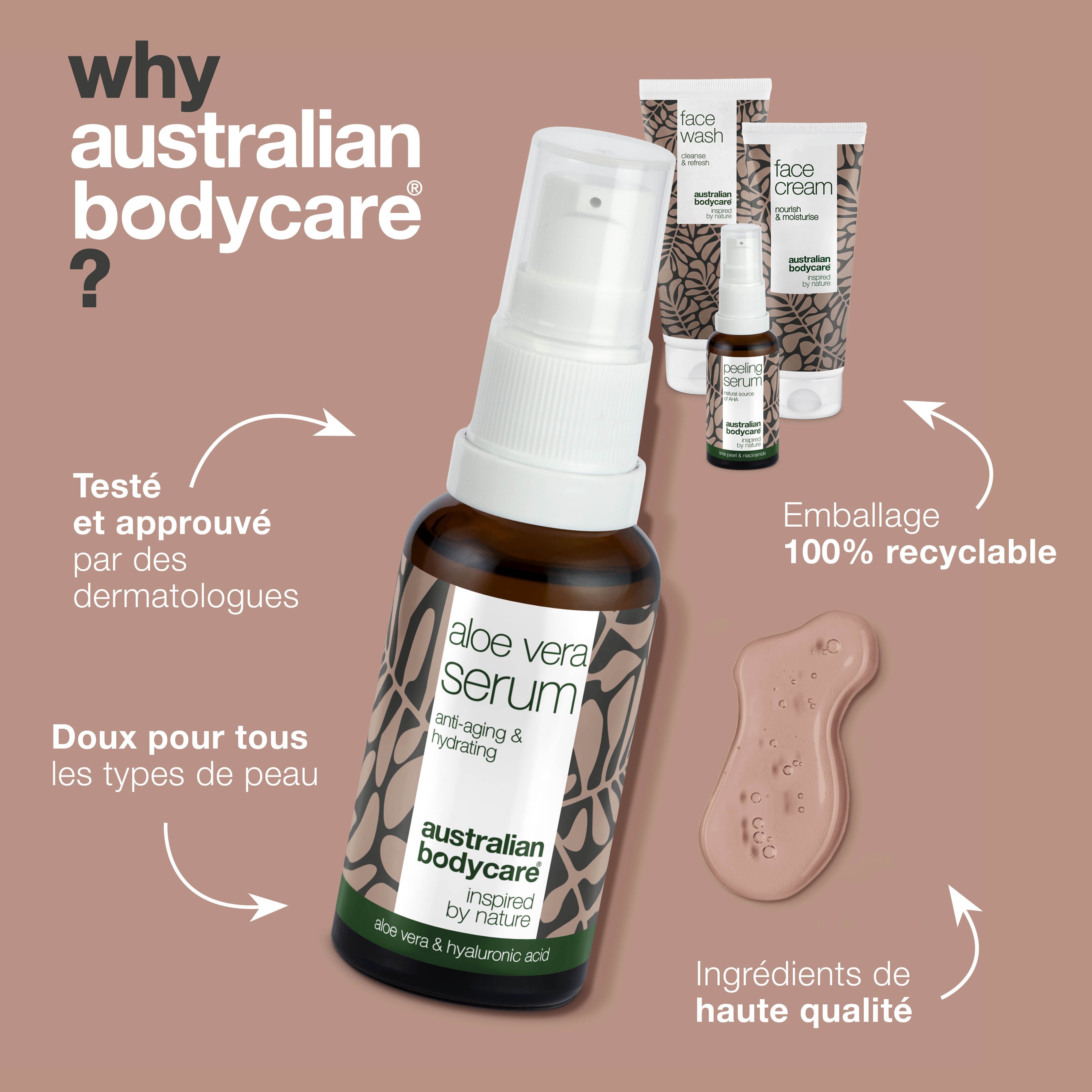 Sérum Aloe Vera d'Australian Bodycare. À côté, Face Wash et Face Cream. Texte: Emballage 100% recyclable.
