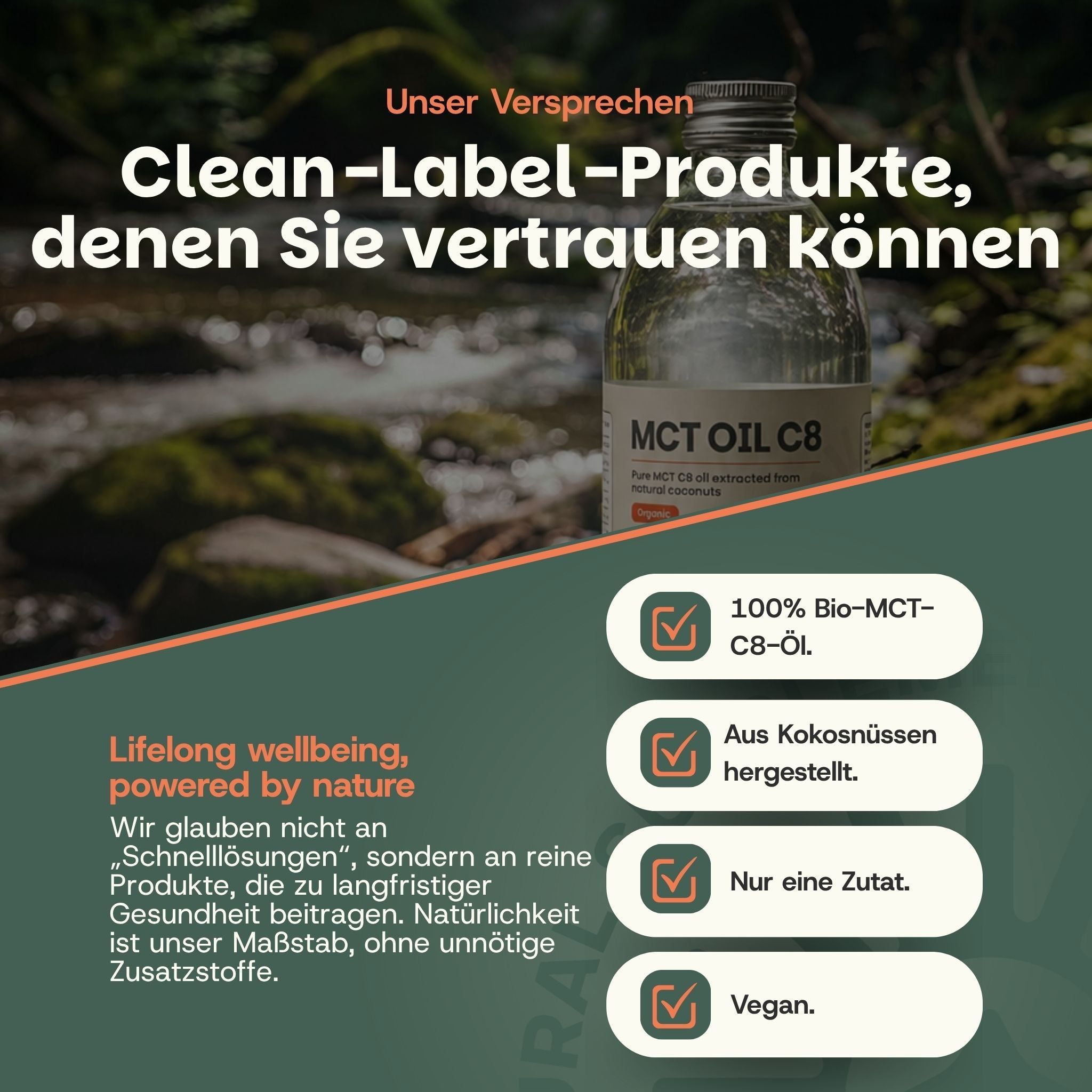 Fles MCT Olie C8, 500ml. Etiket met "Onze belofte" en "Clean Label Producten".