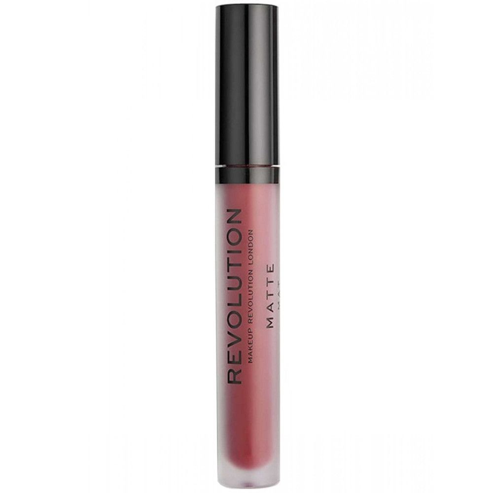 Tube de gloss avec bouchon noir. "REVOLUTION MATTE" est écrit sur le tube. La couleur est un rouge-brun clair.