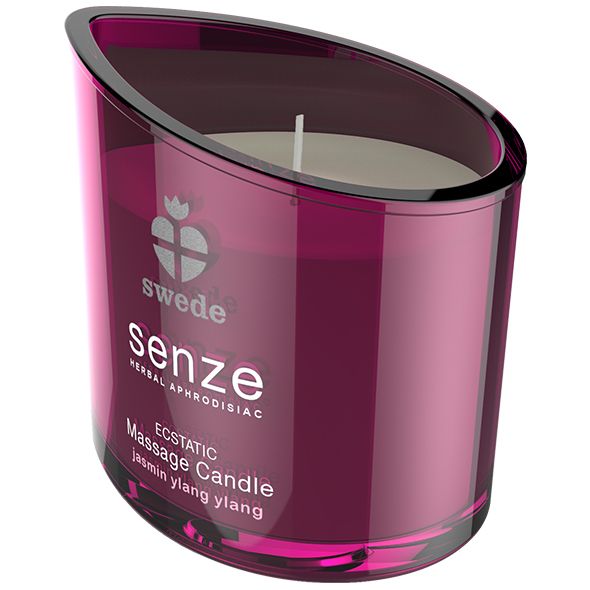 Roze massagekaars in glazen houder. Zwarte deksel. Opschrift: Swede Senze, Ecstatic Massage Candle, Jasmin Ylang Ylang.