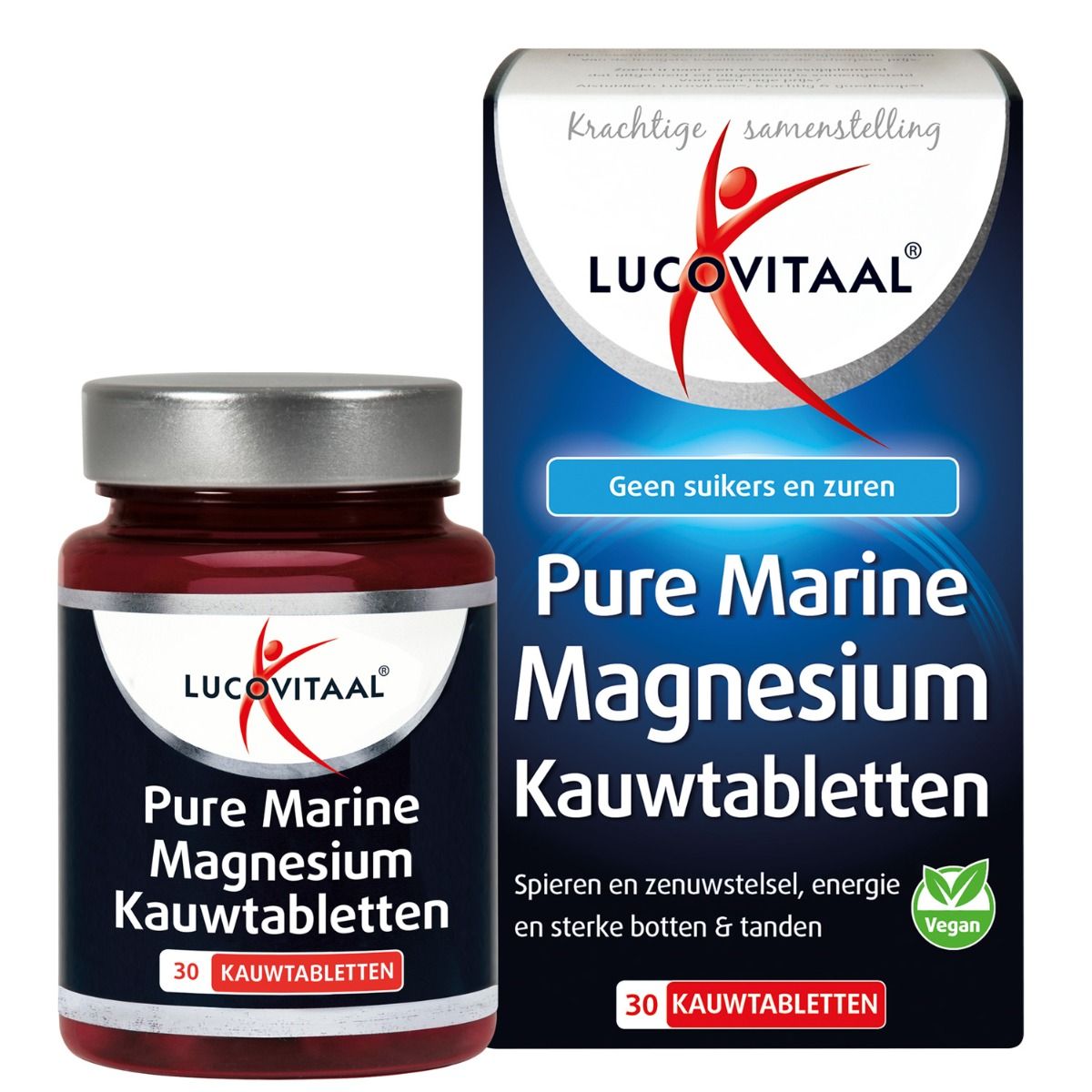 Productverpakking Pure Marine Magnesium Kautabletten. Fles en doos naast elkaar. Logo, productnaam, 30 tabletten.