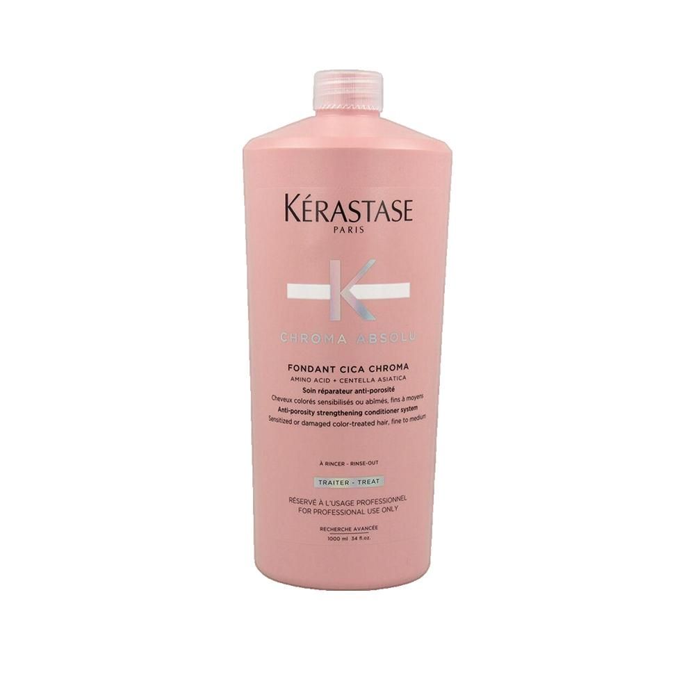 Flacon rose. Logo Kérastase. Chroma Absolu. Fondant Cica Chroma. 1000ml. Pour usage professionnel.