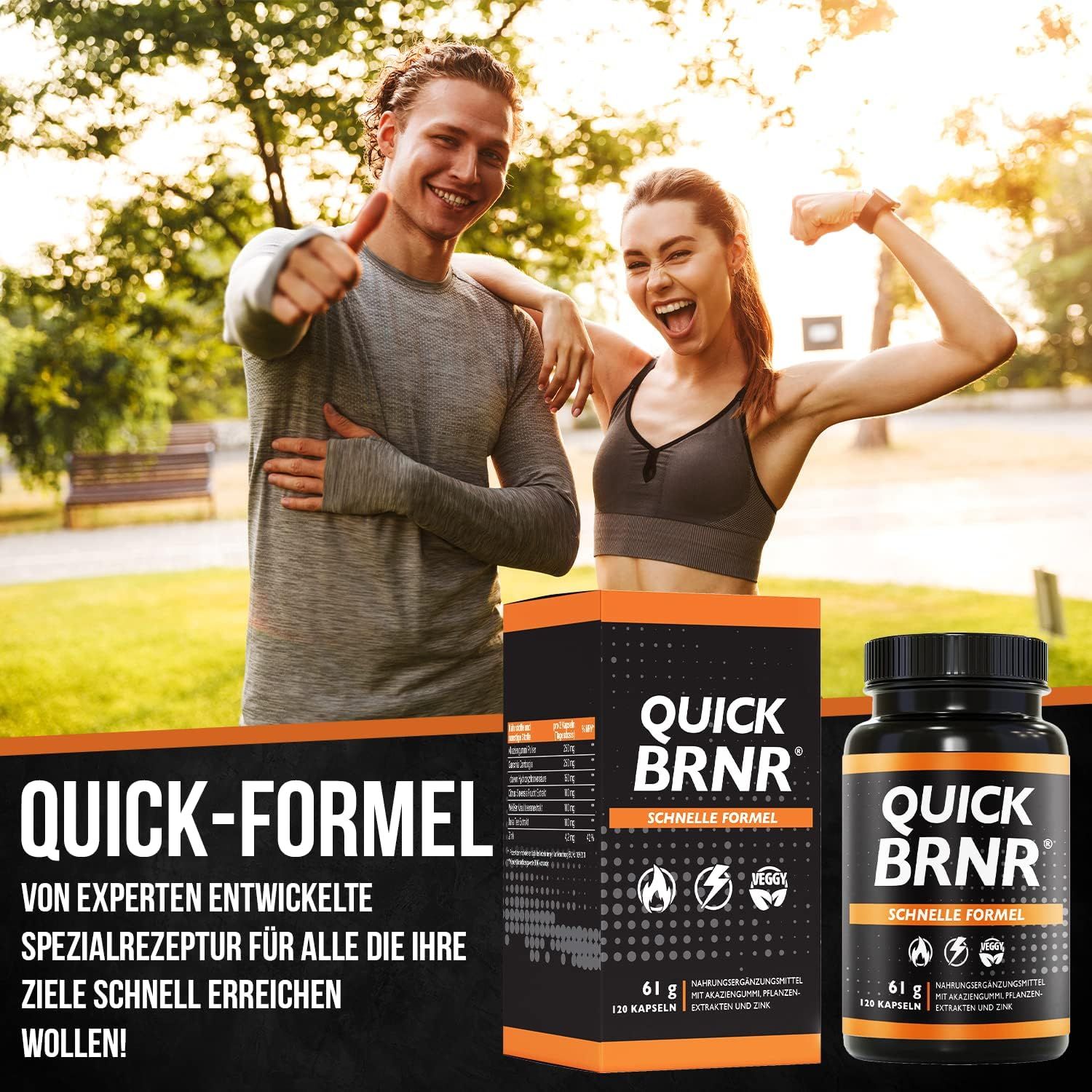 Deux personnes à l'extérieur. L'une lève le pouce, l'autre montre son biceps. Au sol: emballage du produit et flacon QUICK BRNR.