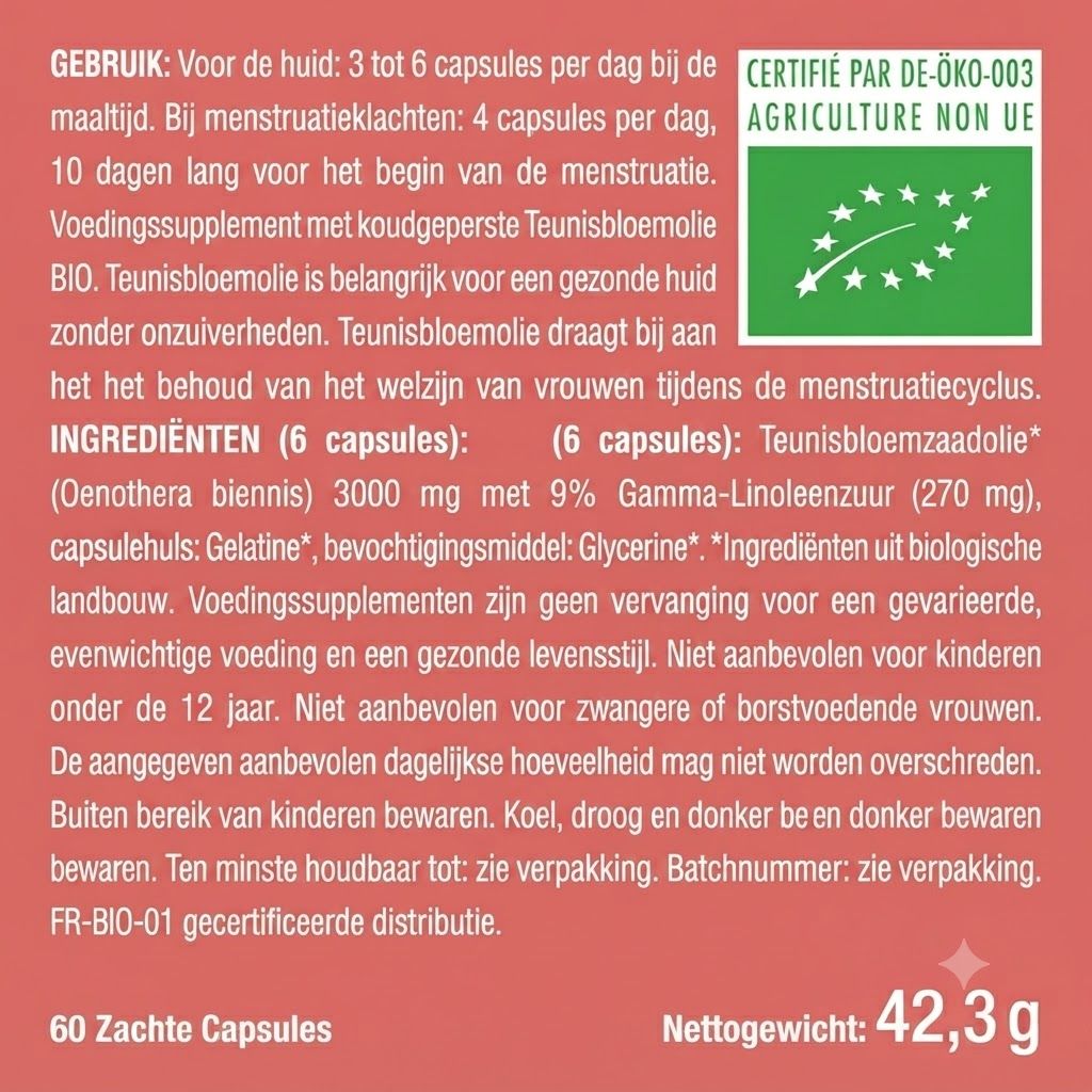 Fles biologische teunisbloemolie met Nederlandse teksten over gezondheid en welzijn.