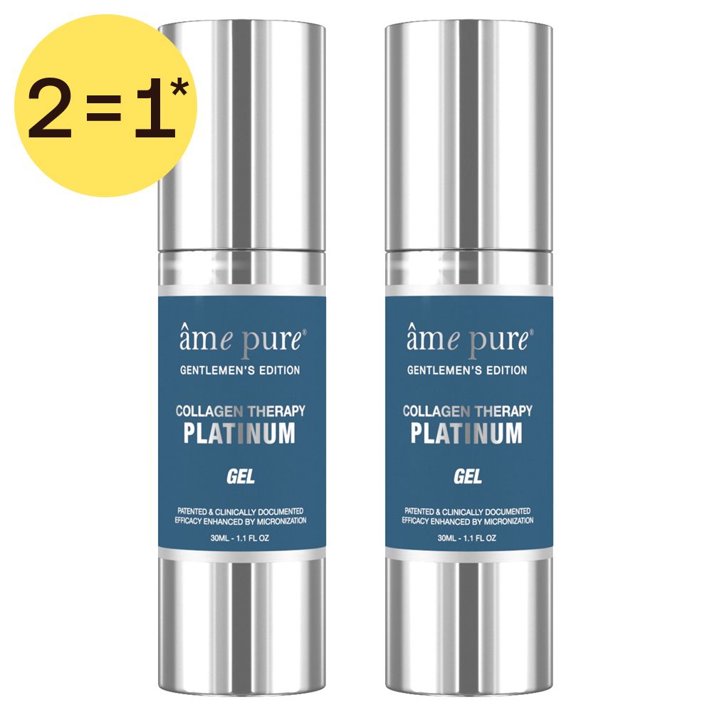 Deux flacons distributeurs argentés avec étiquette bleue, indiquant "Collagen Therapy Platinum Gel".
