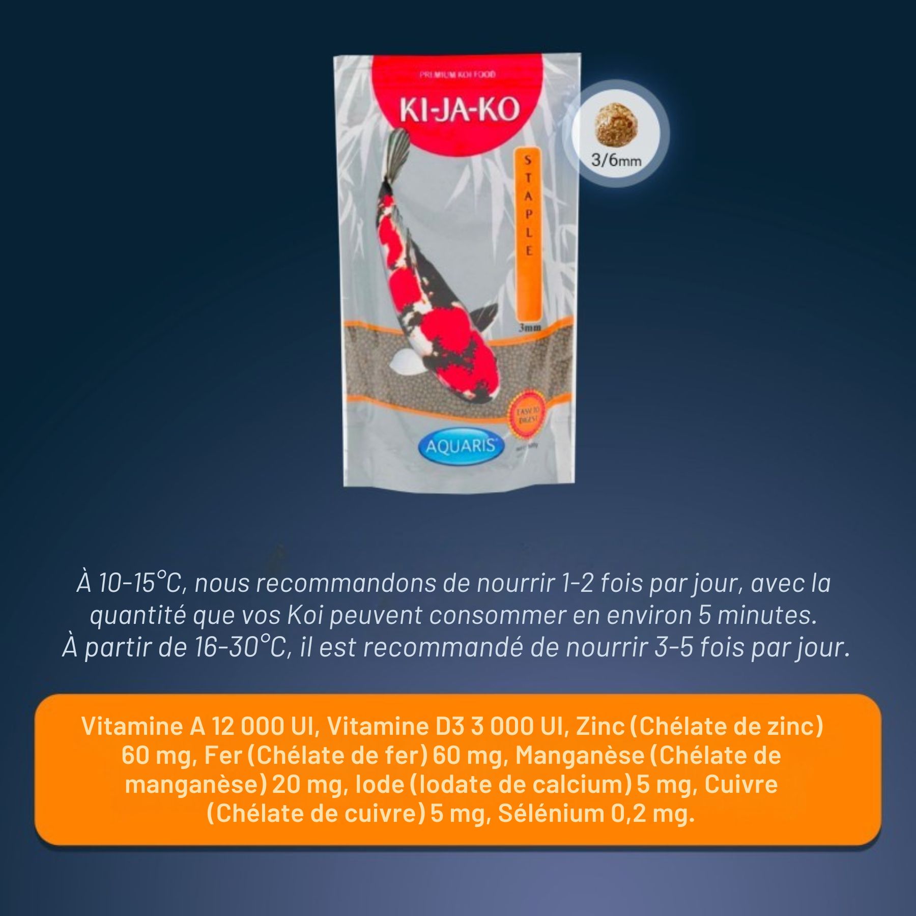 Emballage de KI-JA-KO Koifischfutter Staple. Texte et informations nutritionnelles. Illustration de carpe koï.