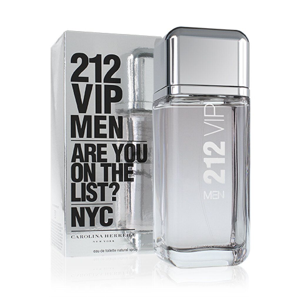 Flacon et emballage. Inscription : 212 VIP MEN, ARE YOU ON THE LIST? NYC, CAROLINA HERRERA. Bouchon argenté.
