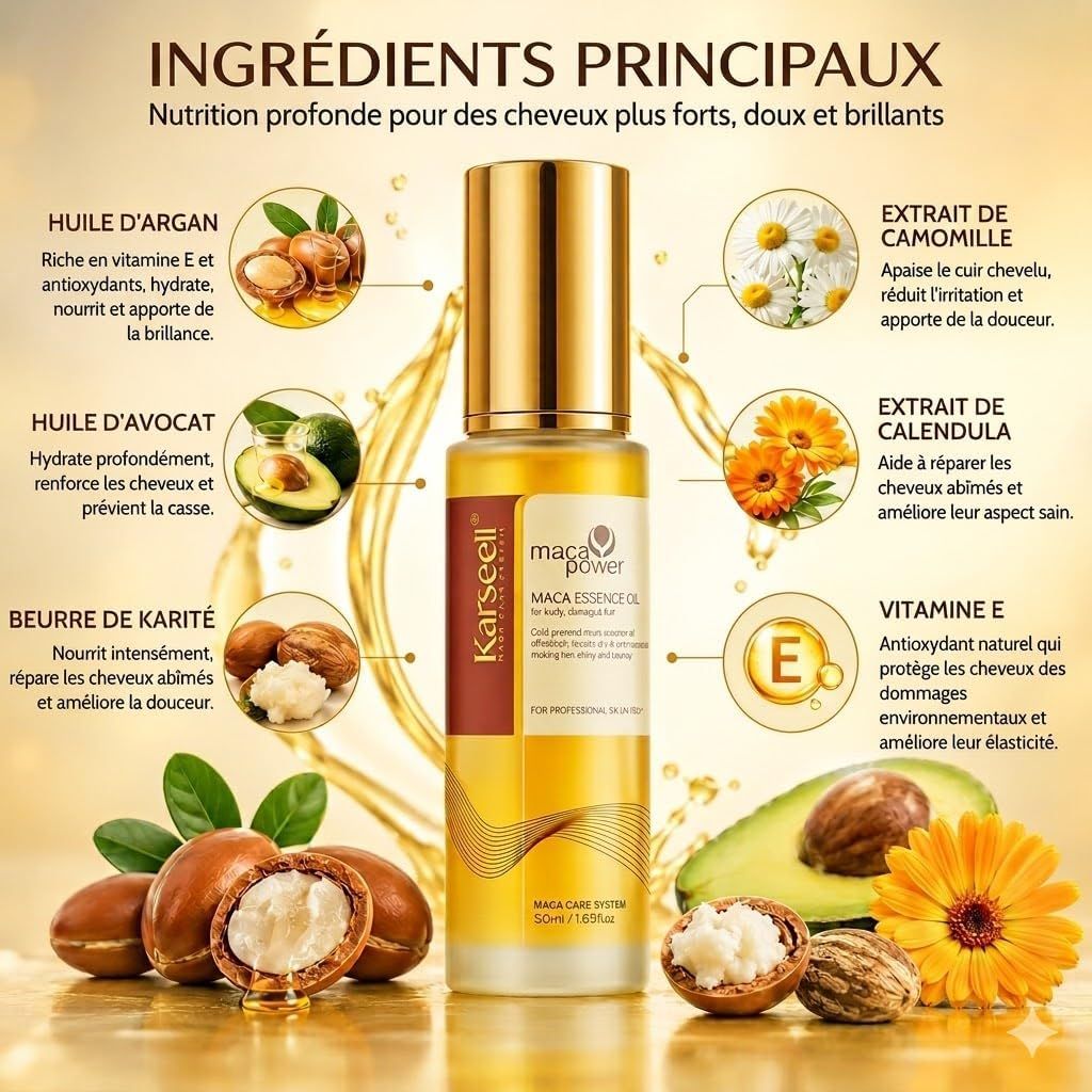 Flacon d'huile essentielle de Maca pour cheveux forts, doux et brillants, avec extraits de camomille et de calendula.