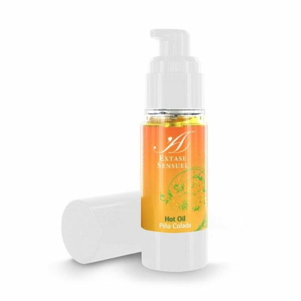 Fles met Hot Oil Pina Colada, merk Extase Sensuel, met pompdos en open dop.