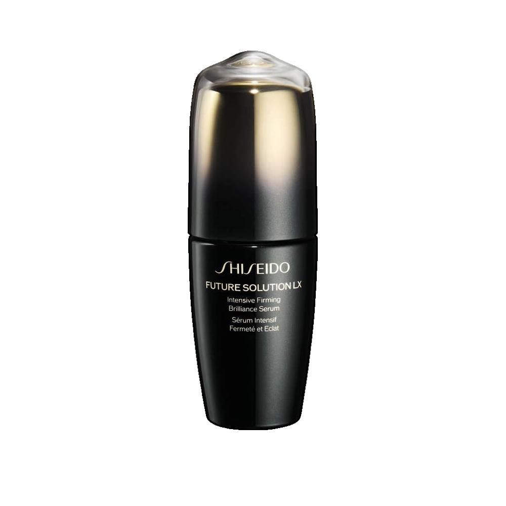 Zwarte fles met gouden dop. Opschrift: Shiseido Future Solution LX, Intensive Firming Brilliance Serum.