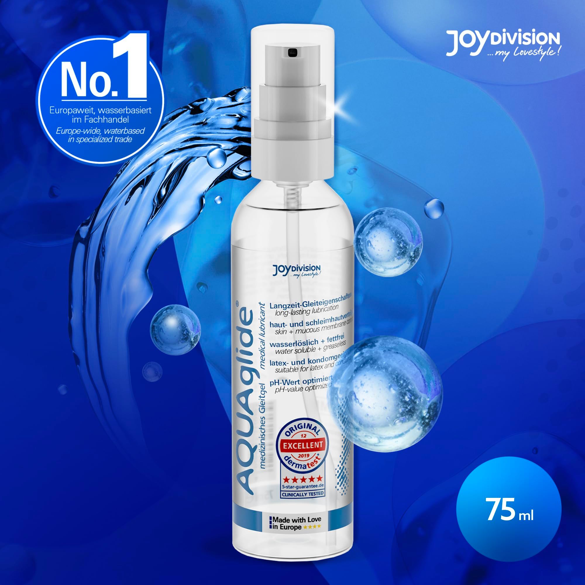 Gel lubrifiant AquaGlide 75ml dans une bouteille transparente avec pompe, entouré de gouttes d'eau.