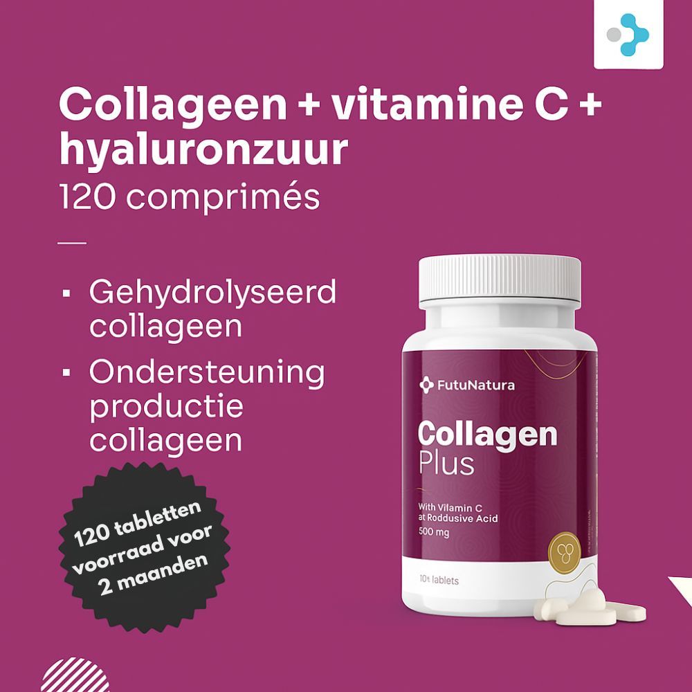 Reclamebeeld met FutuNatura Collagen Plus. Fles, tekst: Collageen + vitamine C + hyaluronzuur, 120 tabletten. Eigenschappen.