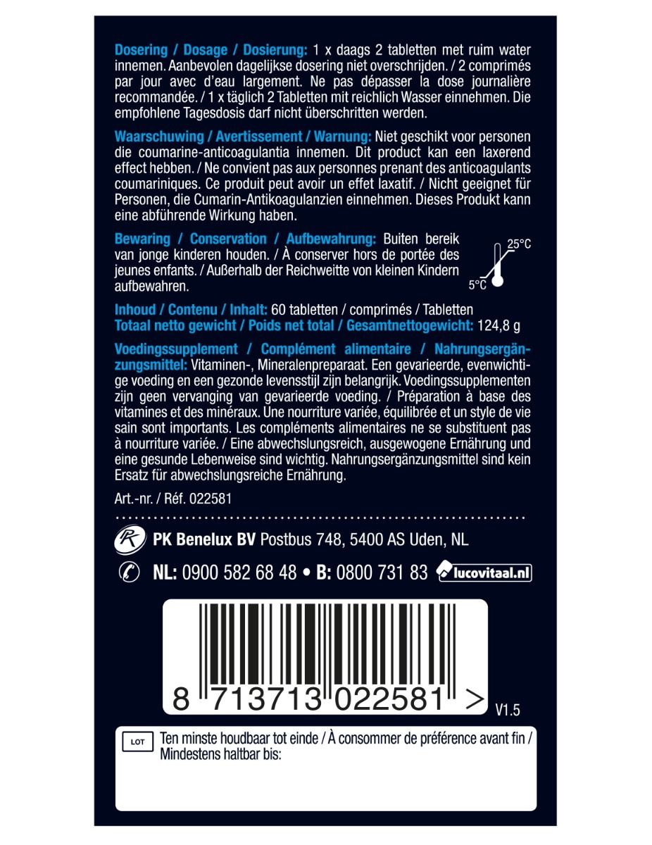 Achterkant verpakking Lucovitaal Calcium Magnesium Bot Formule. Bevat doseringsinstructies, waarschuwingen en contactgegevens.