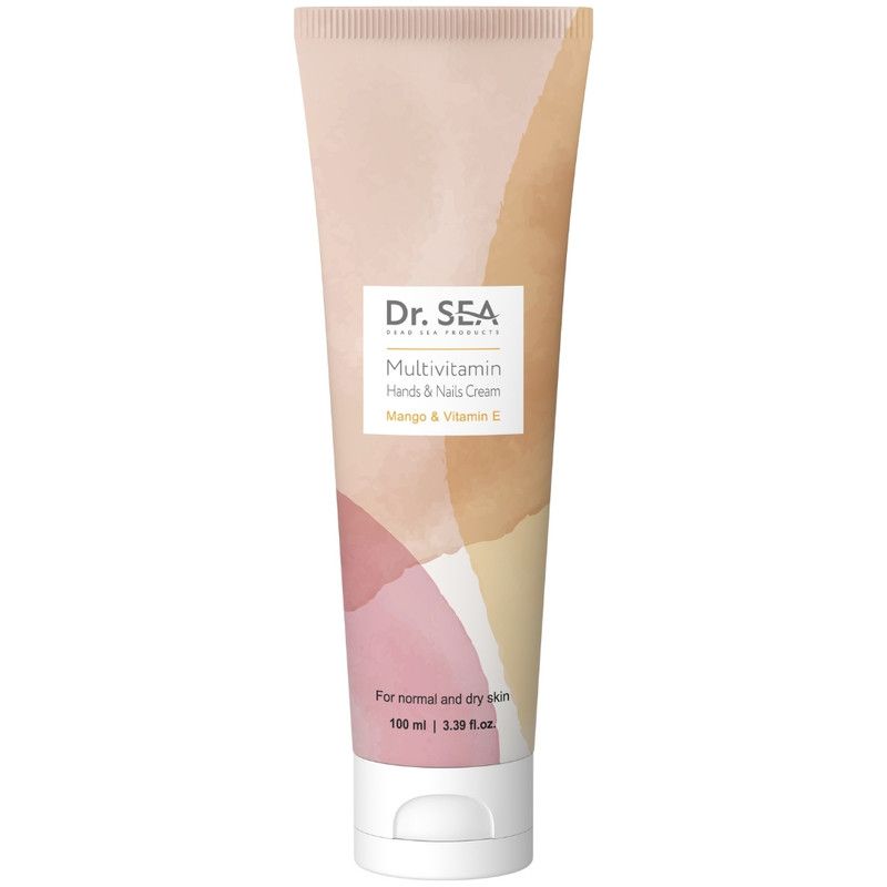 Tube de crème. Inscription : Dr. SEA, Multivitamin, Hands & Nails Cream, Mango & Vitamin E. Pour peaux normales et sèches.