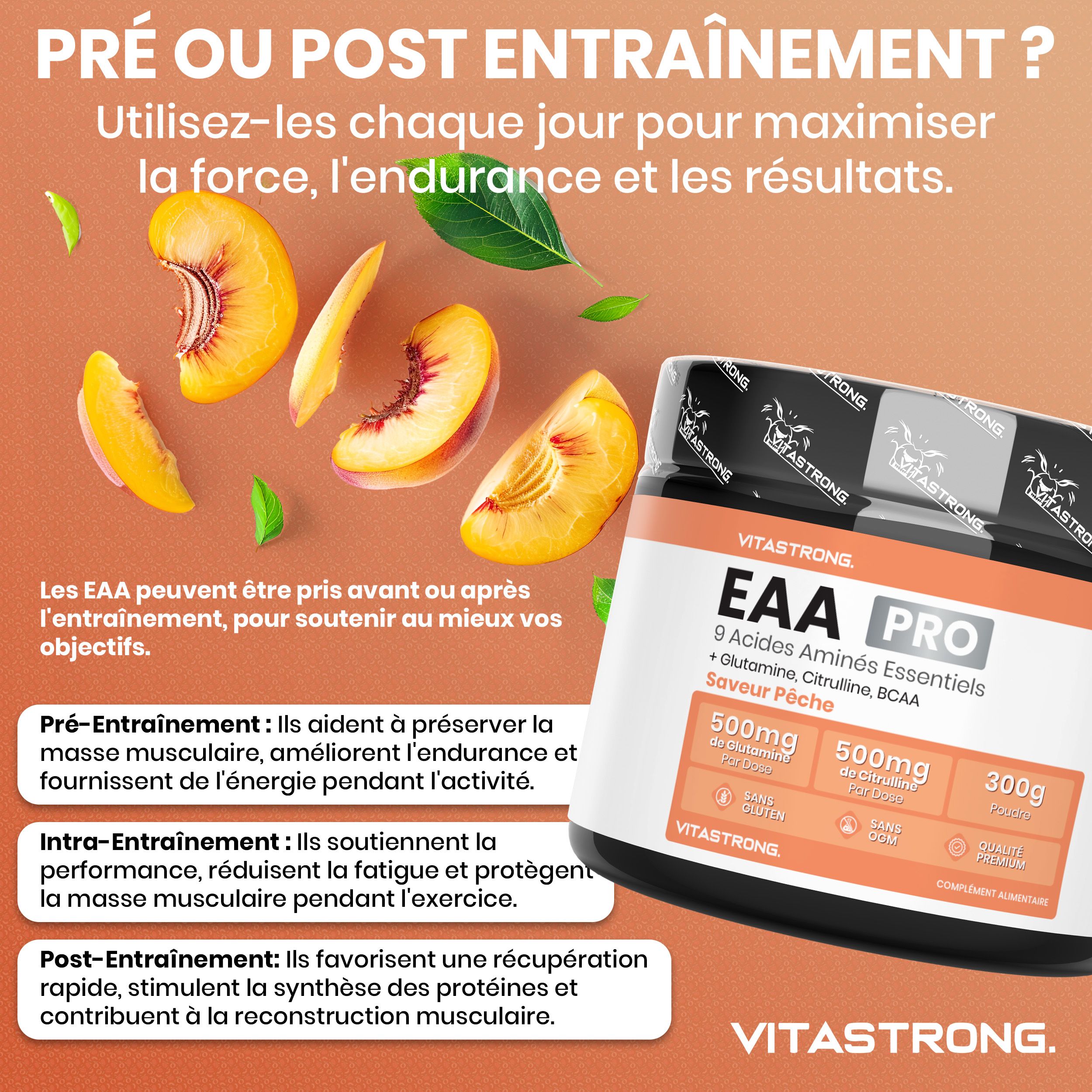 Pot Vitastrong EAA Pro, perziksmaak. 300g. Gecertificeerde KyowaQuality. Zonder suiker en kunstmatige kleurstoffen. Perziken.