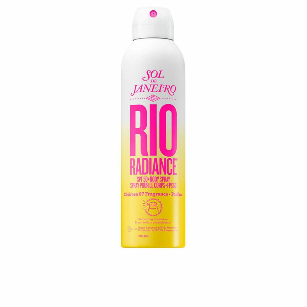 Flacon spray blanc et jaune avec texte rose "RIO RADIANCE". SPF 50-Body Spray. Marque: Sol de Janeiro.