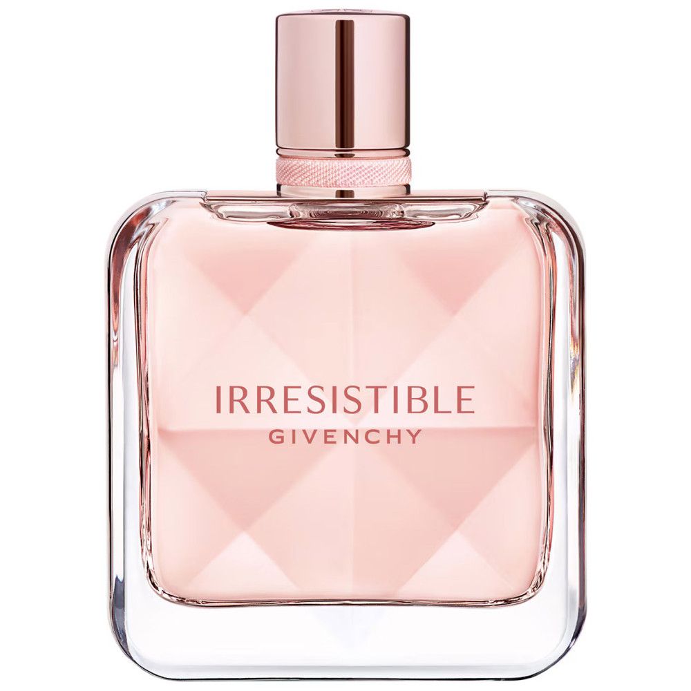 Parfumfles. Vierkante fles, roze inhoud, roségouden dop. Opschrift Irresistible Givenchy.