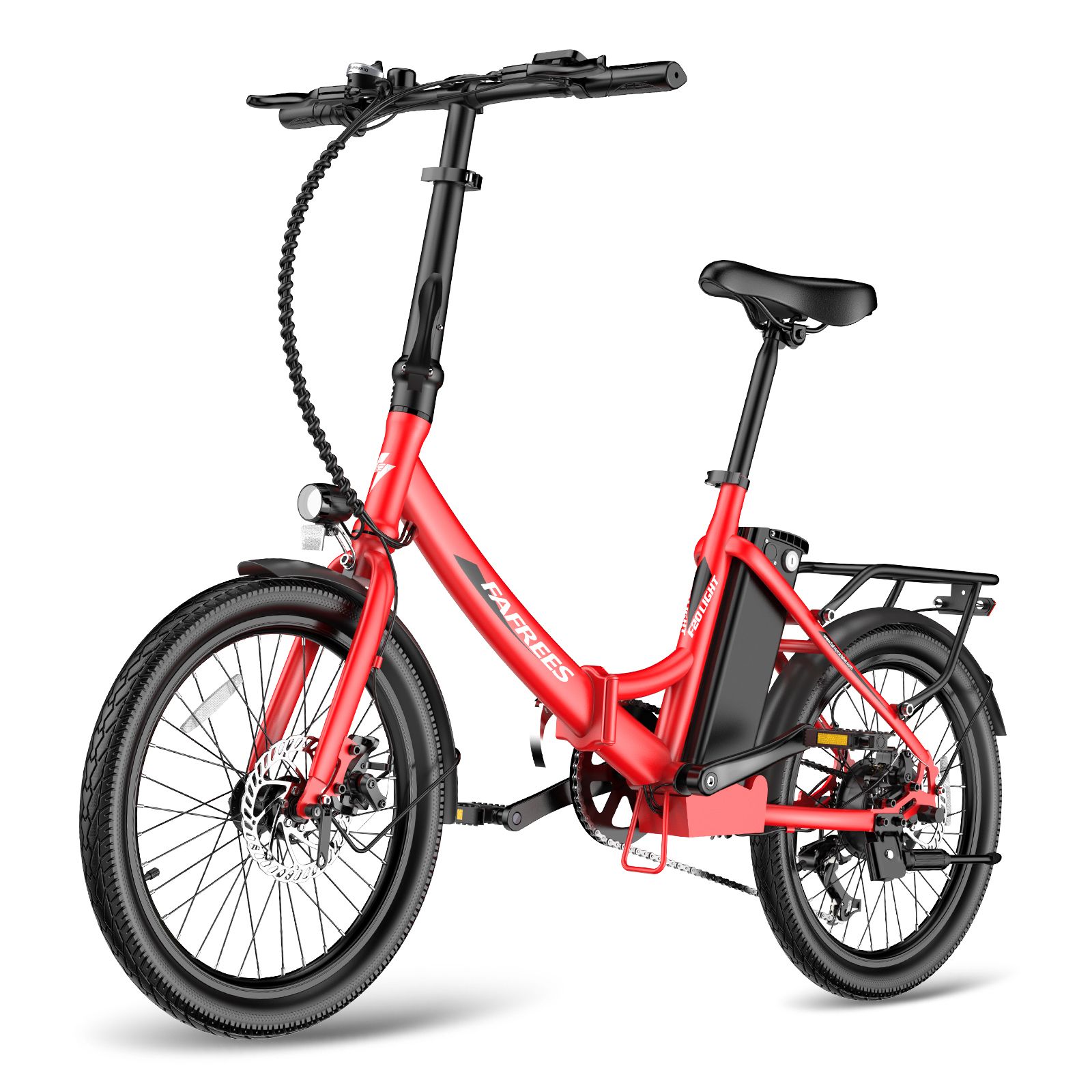 Rode Fafrees F20Light e-bike. Zwarte onderdelen, bagagedrager, spatborden. Vooraanzicht.