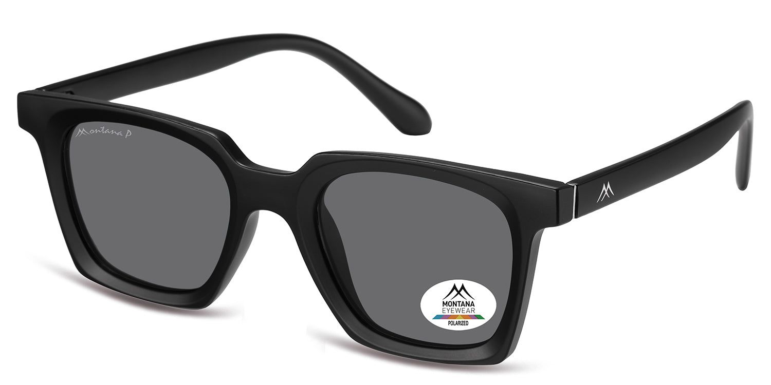 Lunettes de soleil noires, monture carrée, verres gris. Logo Montana Eyewear sur la branche et le verre.