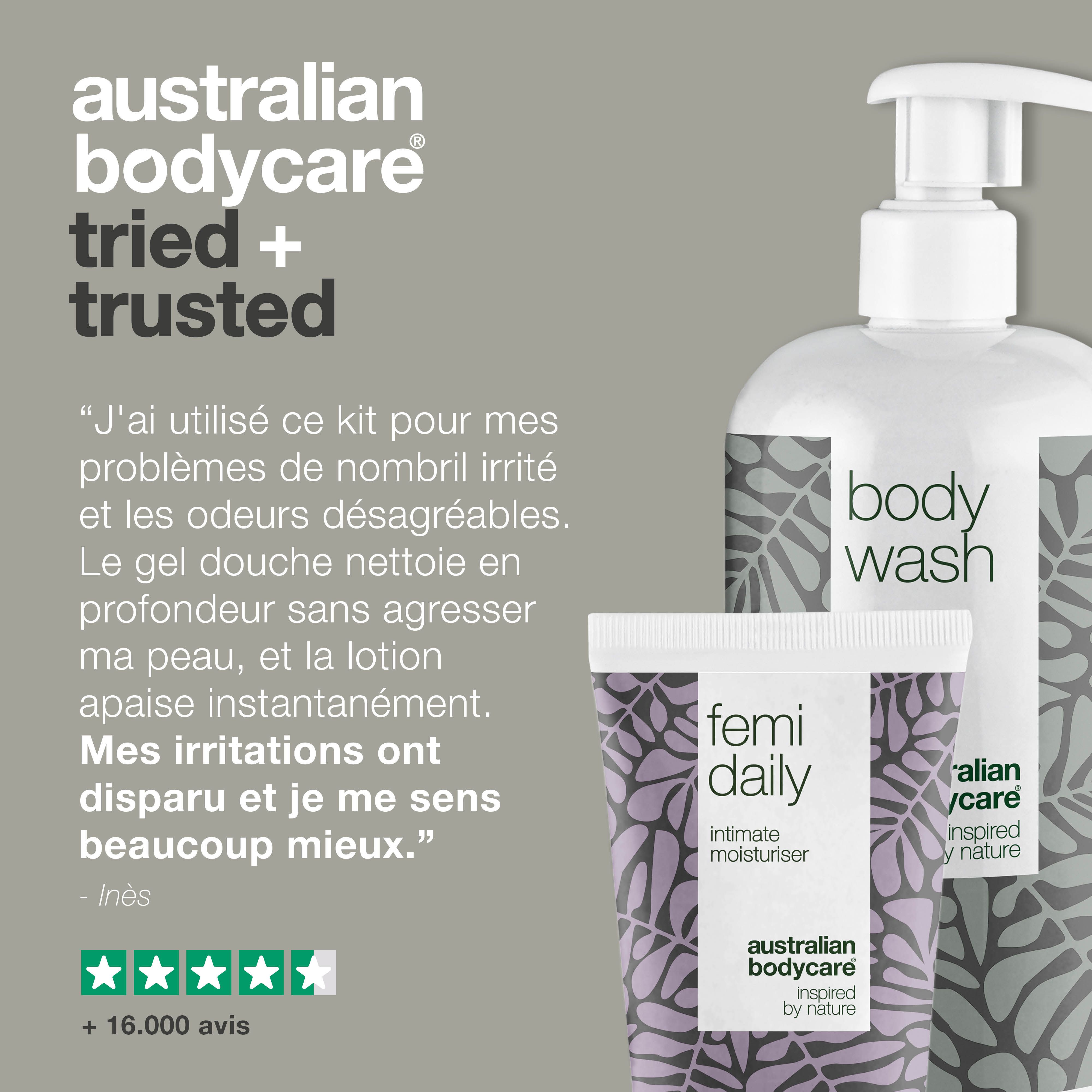Gel douche et hydratant intime. Texte : 'Tried + trusted'. Citation et avis.