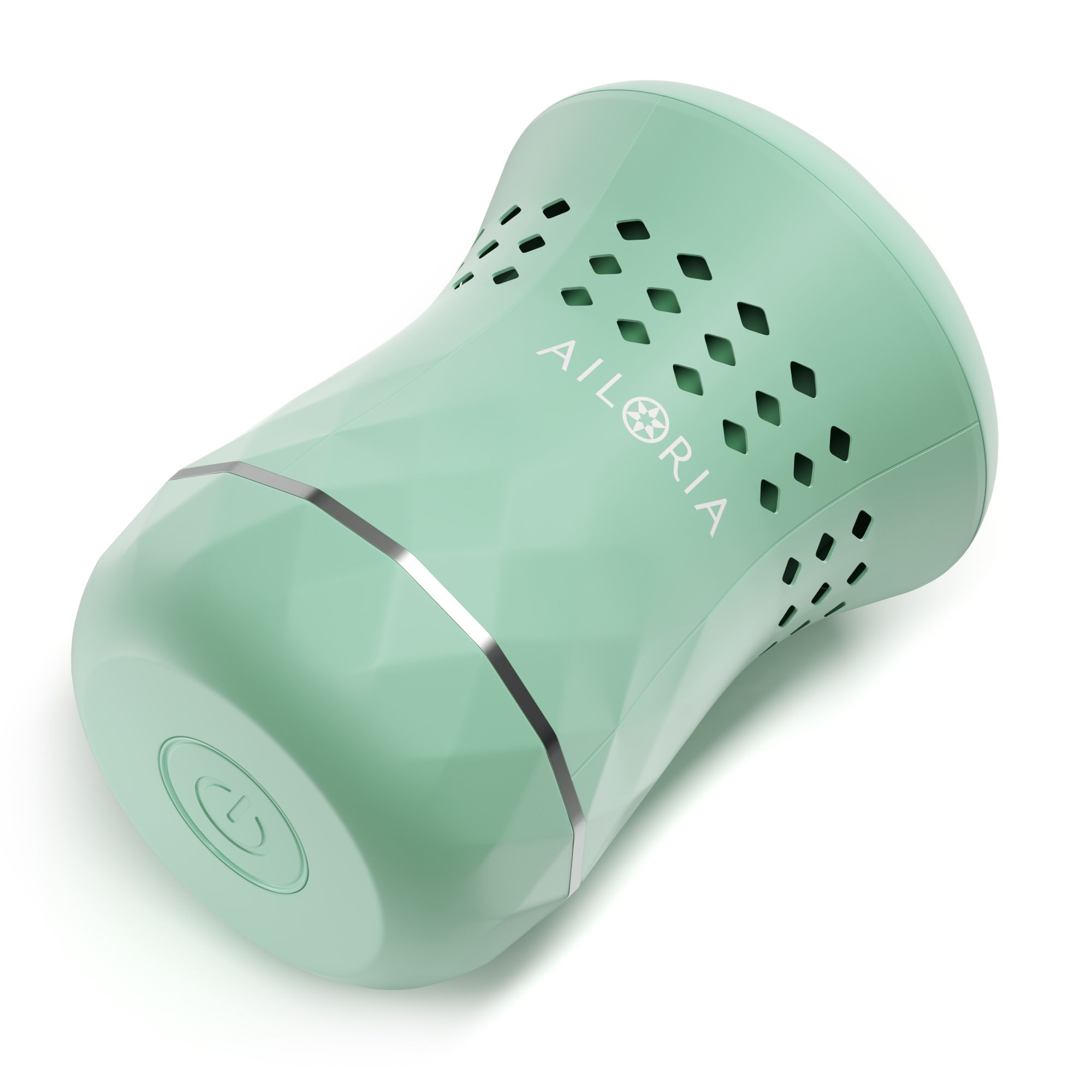 Appareil électrique vert menthe. Logo AILORIA. Motif diamant, fentes d'aération. Bande argentée. Bouton marche/arrêt.