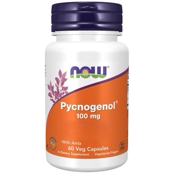 Flacon blanc avec bouchon violet. Étiquette orange avec nom du produit Pycnogenol, 100 mg. Marque : NOW.