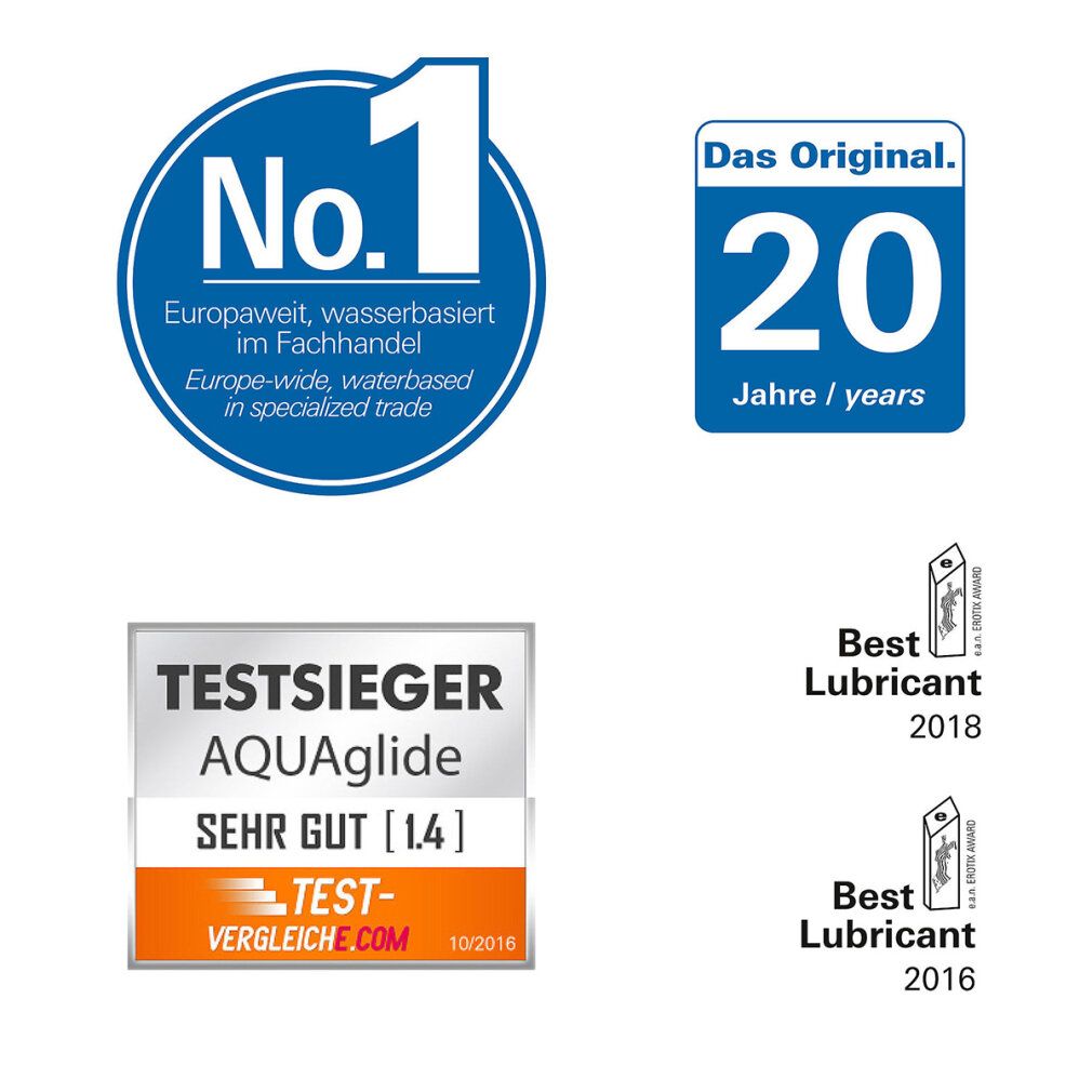 Verschillende logo's: No.1, Europa-breed, op waterbasis in de speciaalzaak. Het origineel. Testwinnaar AQUAglide. Best Lubricant 2016 & 2018.
